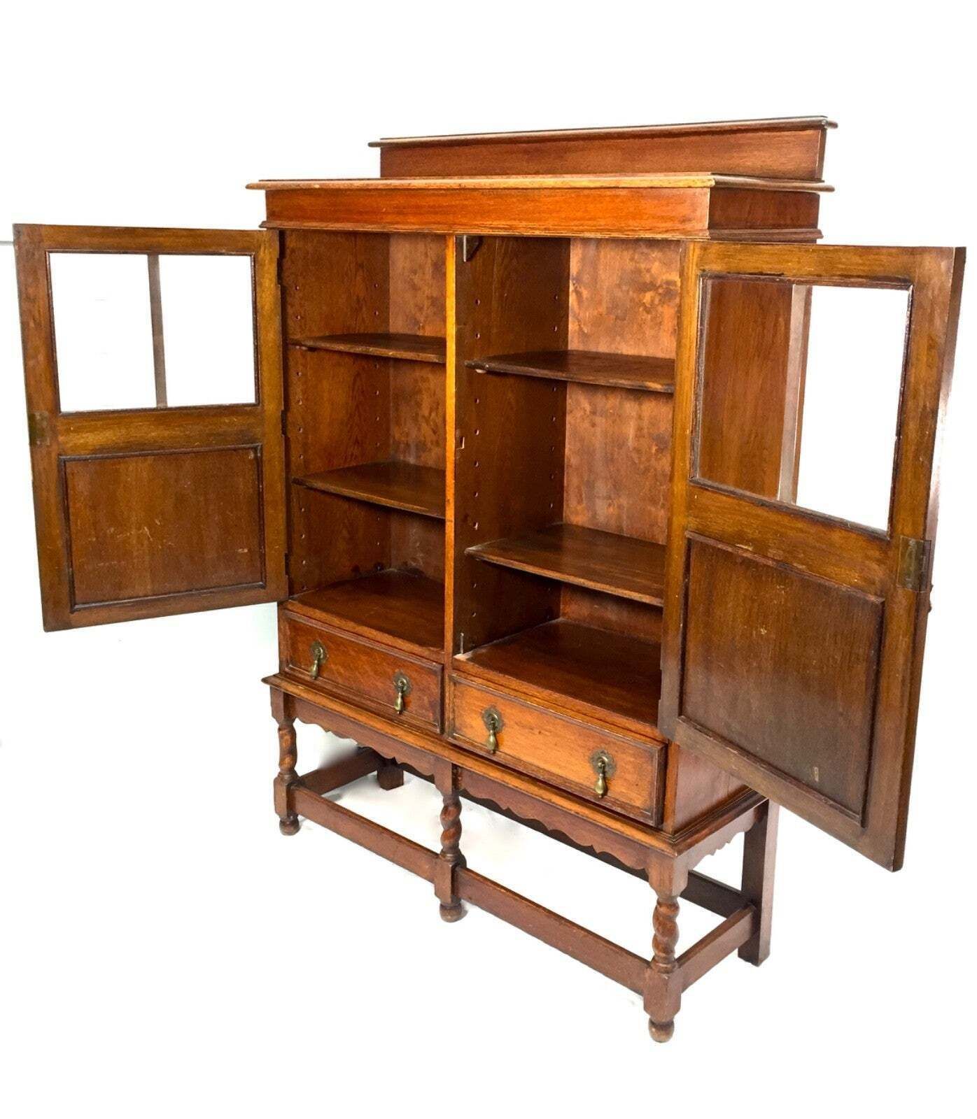 Antique 1920s Oak Wooden Display Bookcase Cabinet With Glazed Doors Sideboard photo Furniture