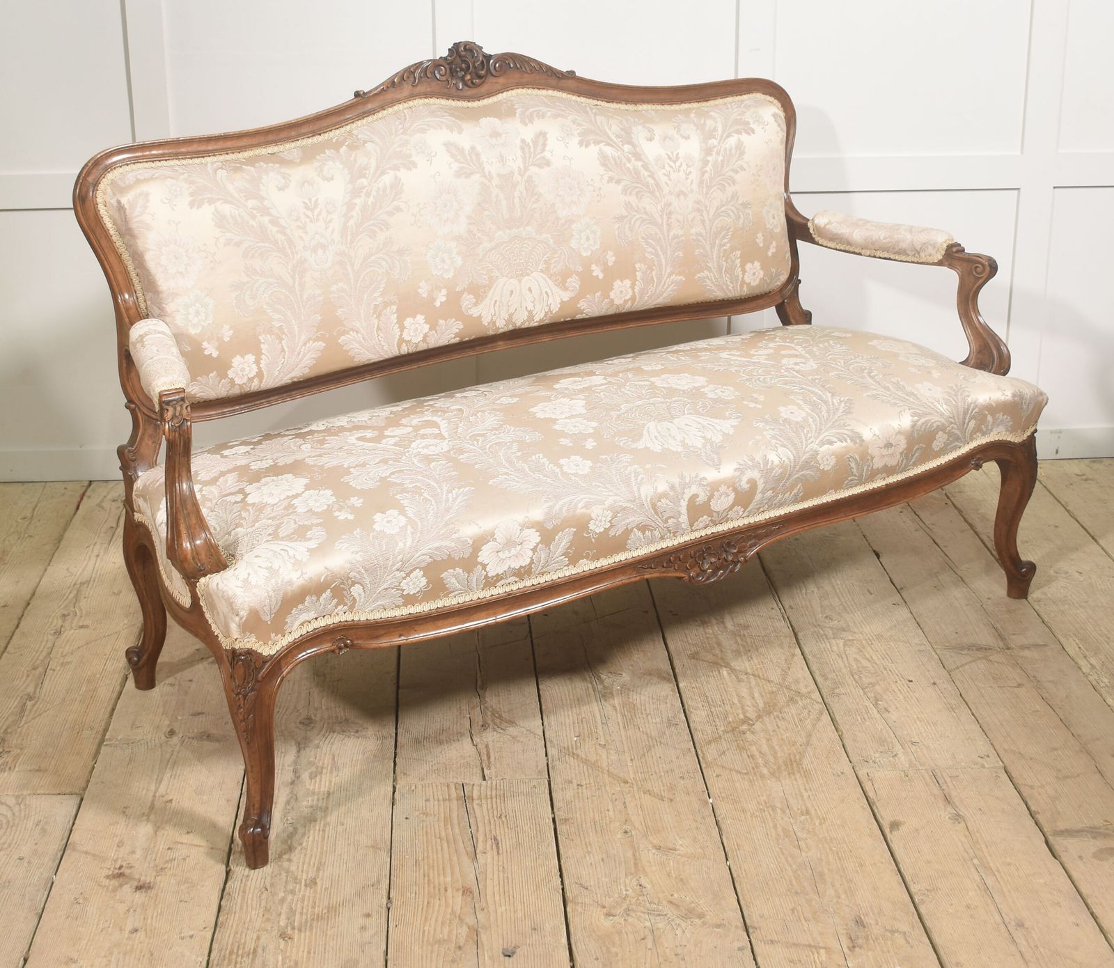 1374.0 Louis XV Style Carved Walnut Settee With Damask Upholstery photo
