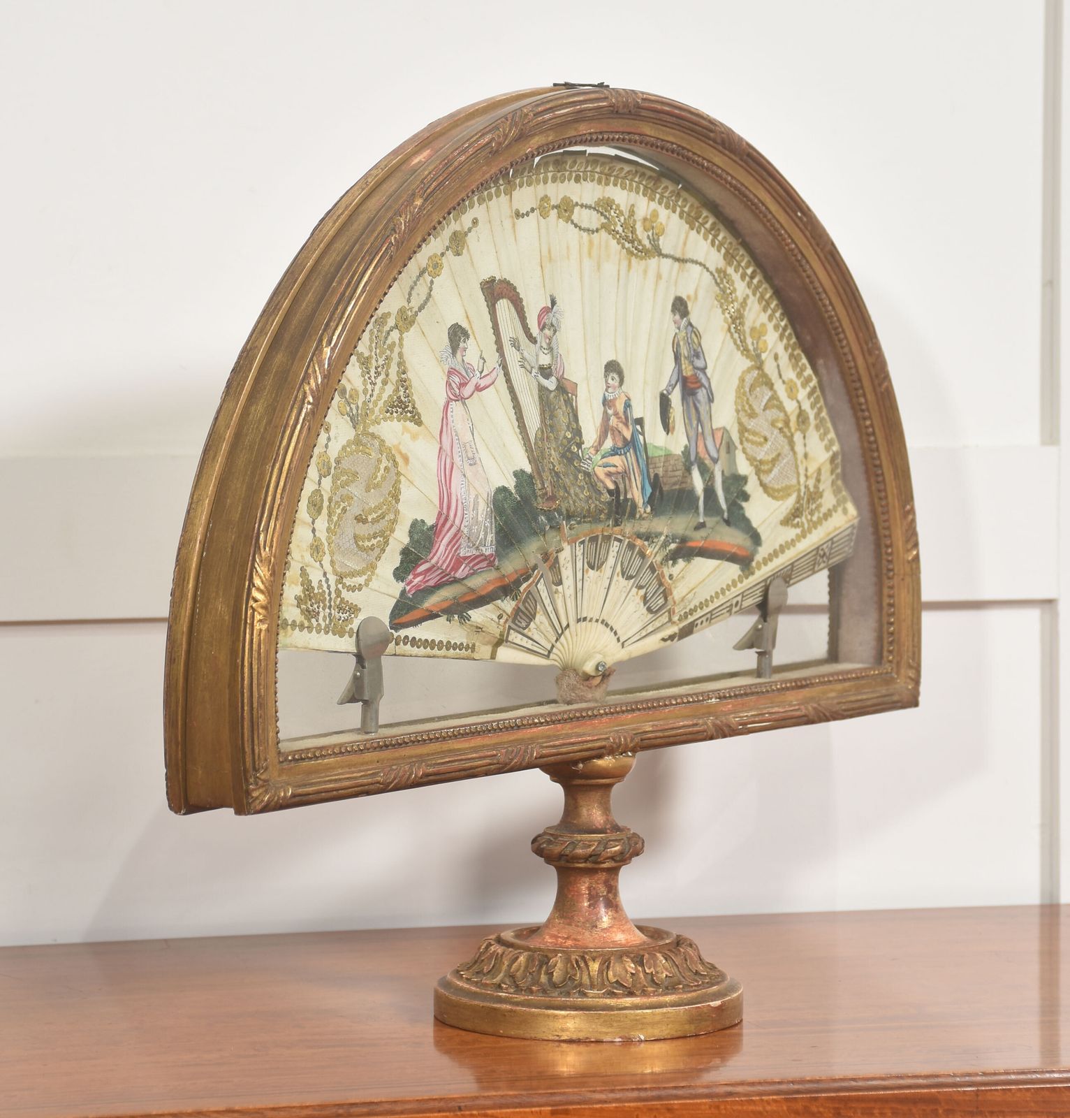 Gilt Wood Framed Decorative Fan With Pastoral Musical Scene photo vinterior