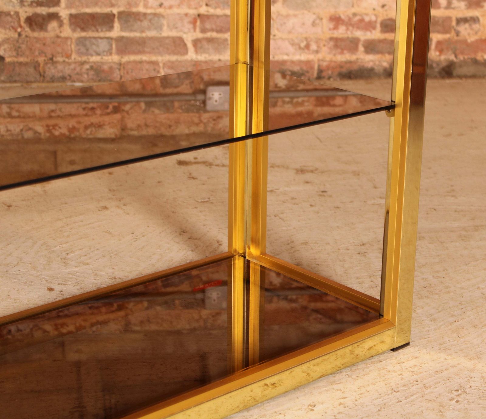 Italian Hollywood Regency Brass And Smoked Glass Etagere / Shelving Unit By Renato Zevi For Romeo Rega, Circa 1970s photo vinterior