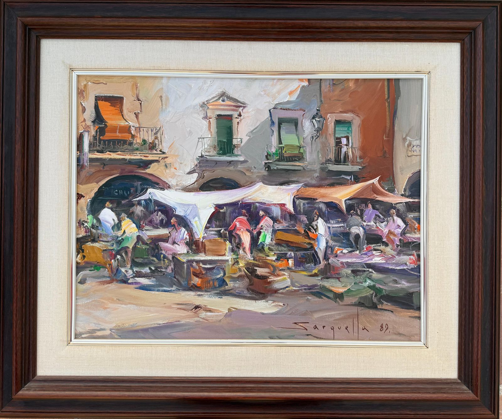 Josep Sarquella Escobet Mediterranean Village Market Scene Costa Brava Street Market Painting Oil Canvas 1989