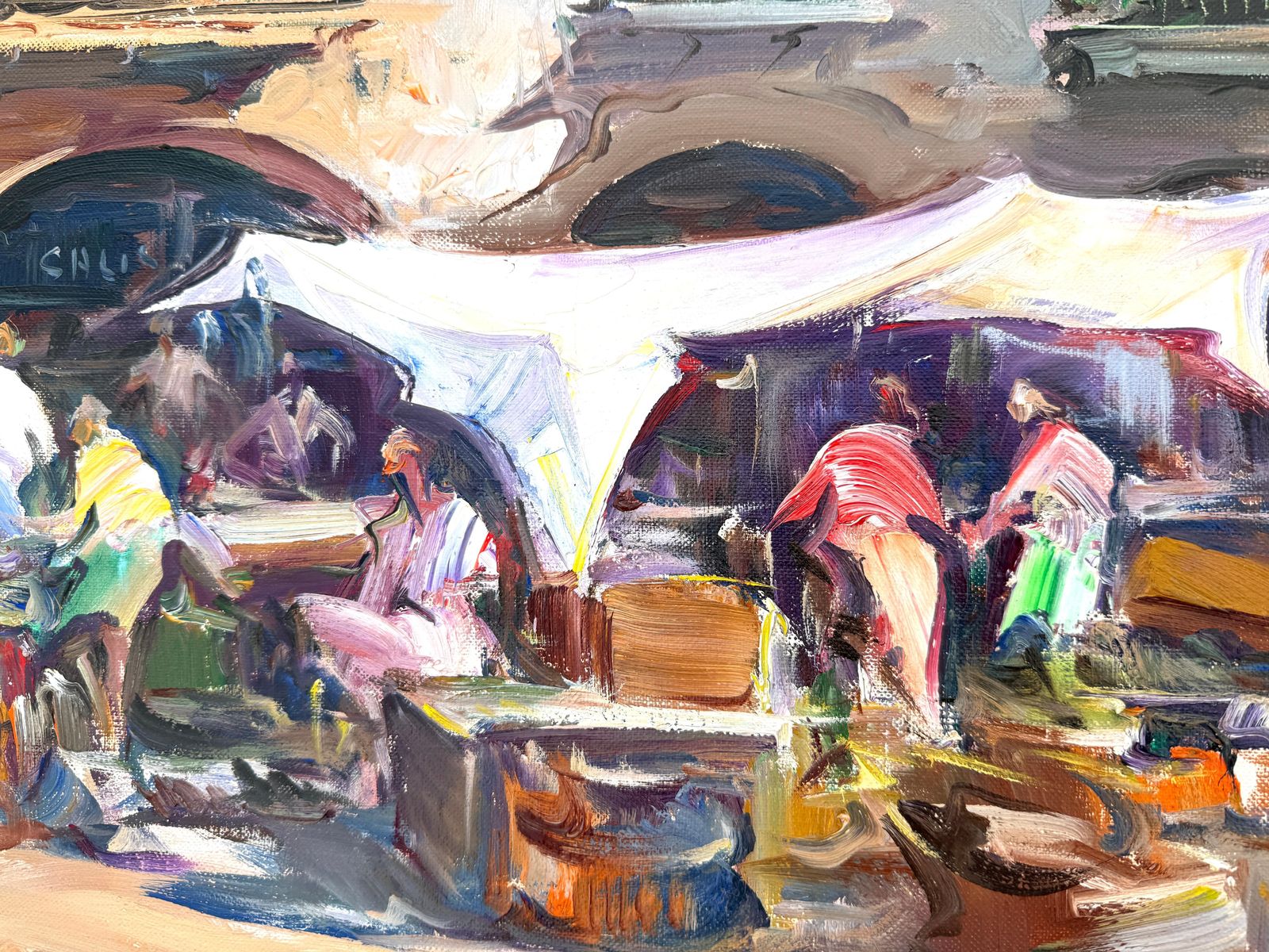 Josep Sarquella Escobet Mediterranean Village Market Scene Costa Brava Street Market Painting Oil Canvas 1989 photo 1650.0