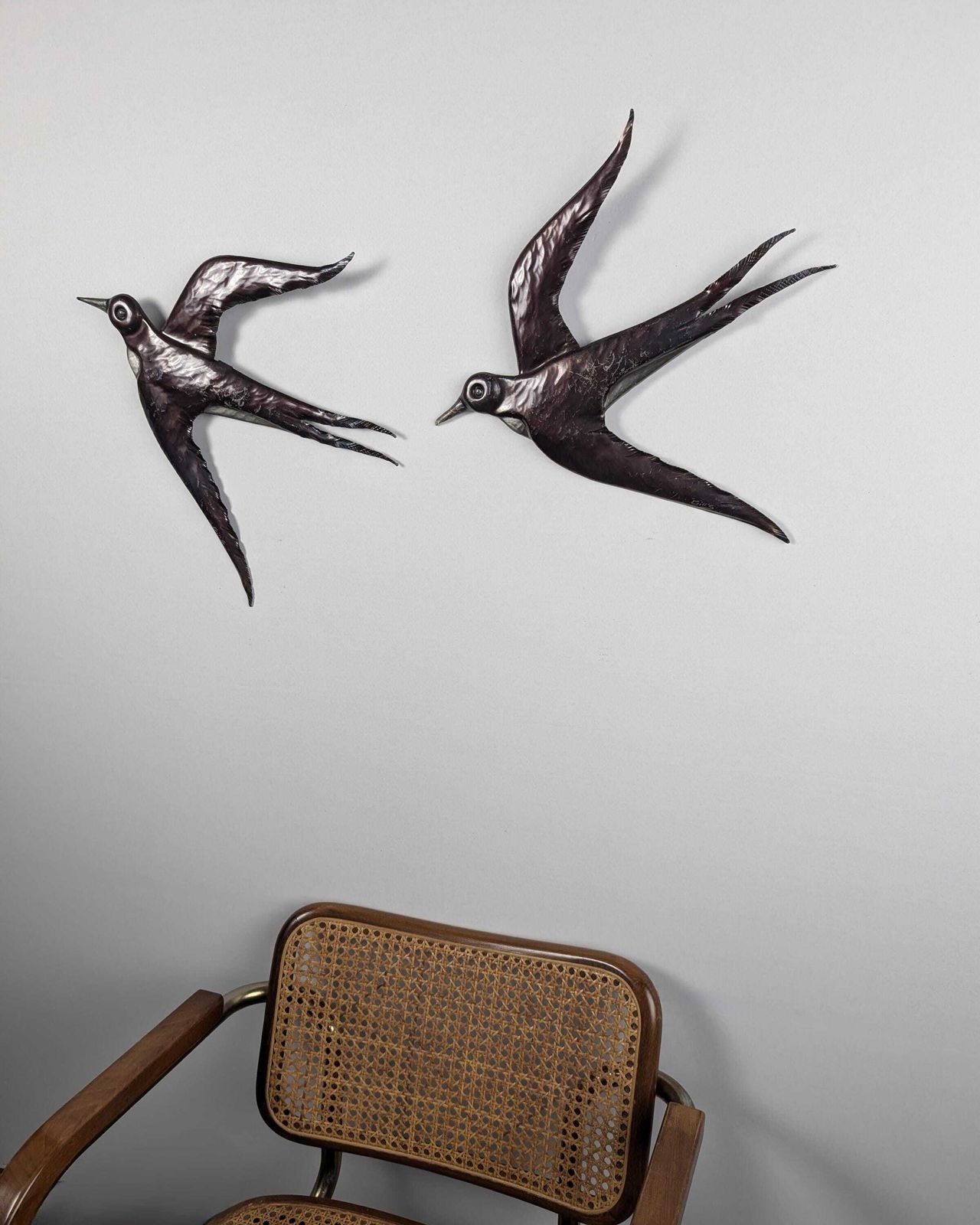 Pair Of Metal Swallow Wall Sculptures, Signed, 1970s photo furniture