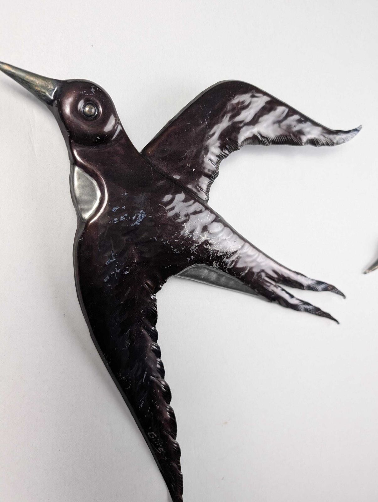 photo for sale Pair Of Metal Swallow Wall Sculptures, Signed, 1970s