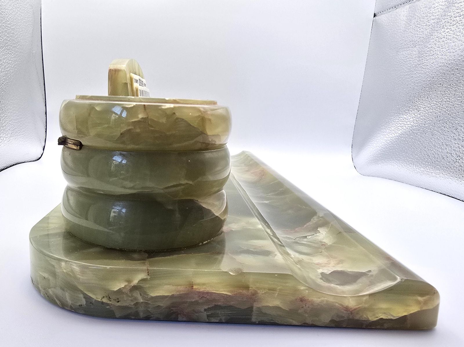 Antique Art Deco Green Onyx Desk Set   Perpetual Calendar, Two Ink Wells, Pen Holder photo vintage