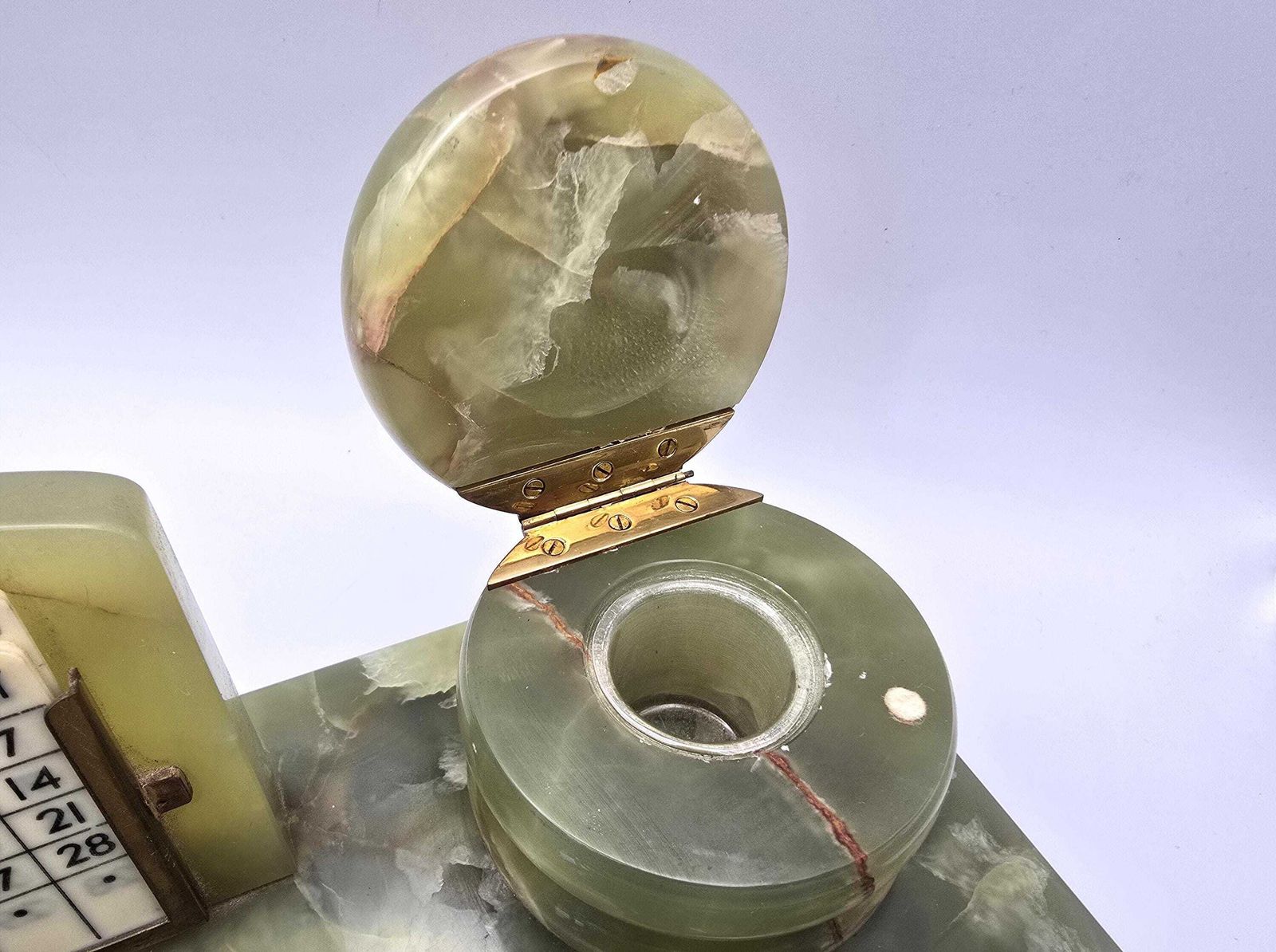 photo furniture Antique Art Deco Green Onyx Desk Set   Perpetual Calendar, Two Ink Wells, Pen Holder
