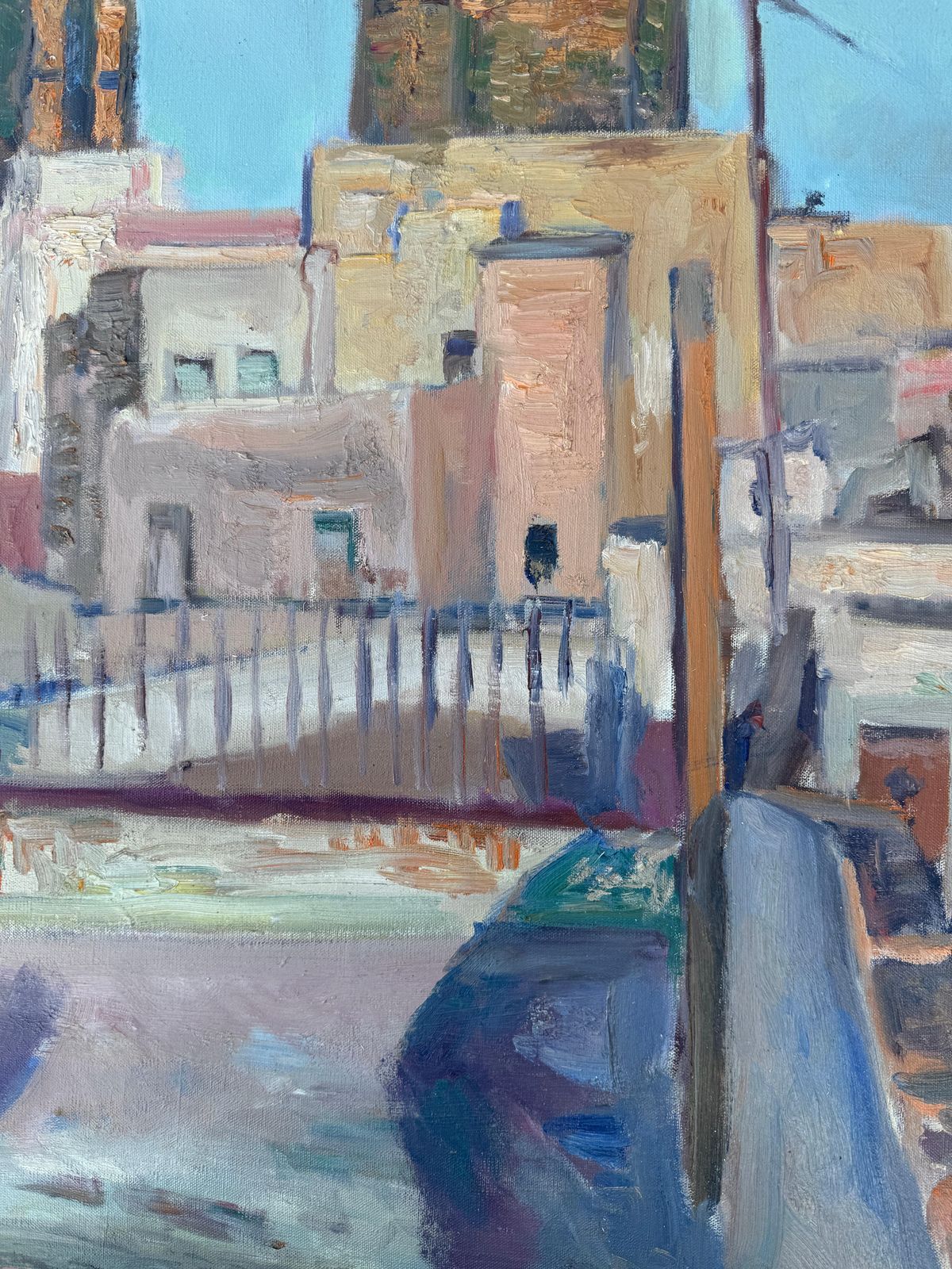 Simon Busom Mid Century Barcelona Cathedral Rooftops Oil Painting, Mediterranean Spanish 1969 photo buy