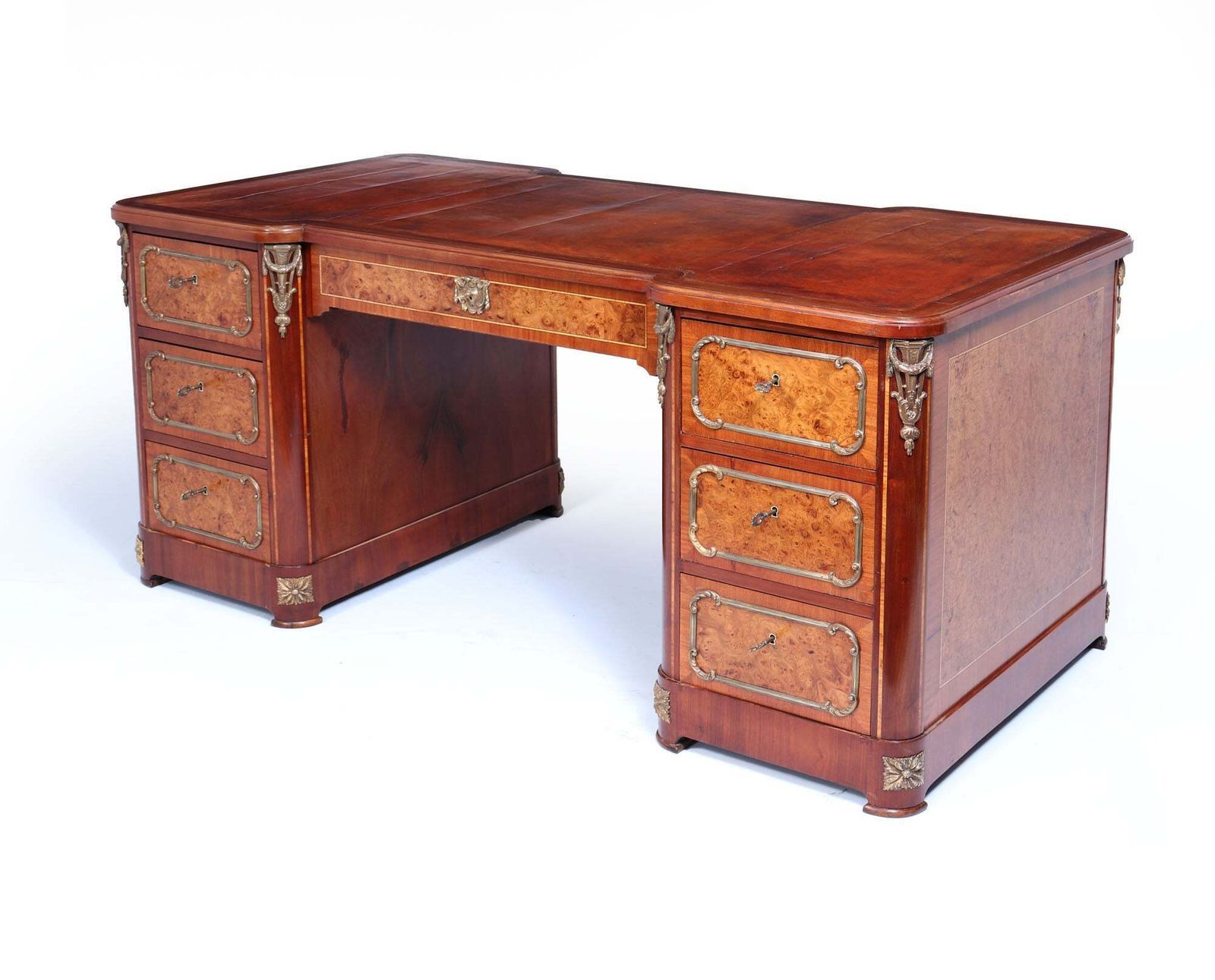 Fine French Burr Walnut Pedestal Desk With Gilt Bronze Ormolu Mounts C1880 photo for sale