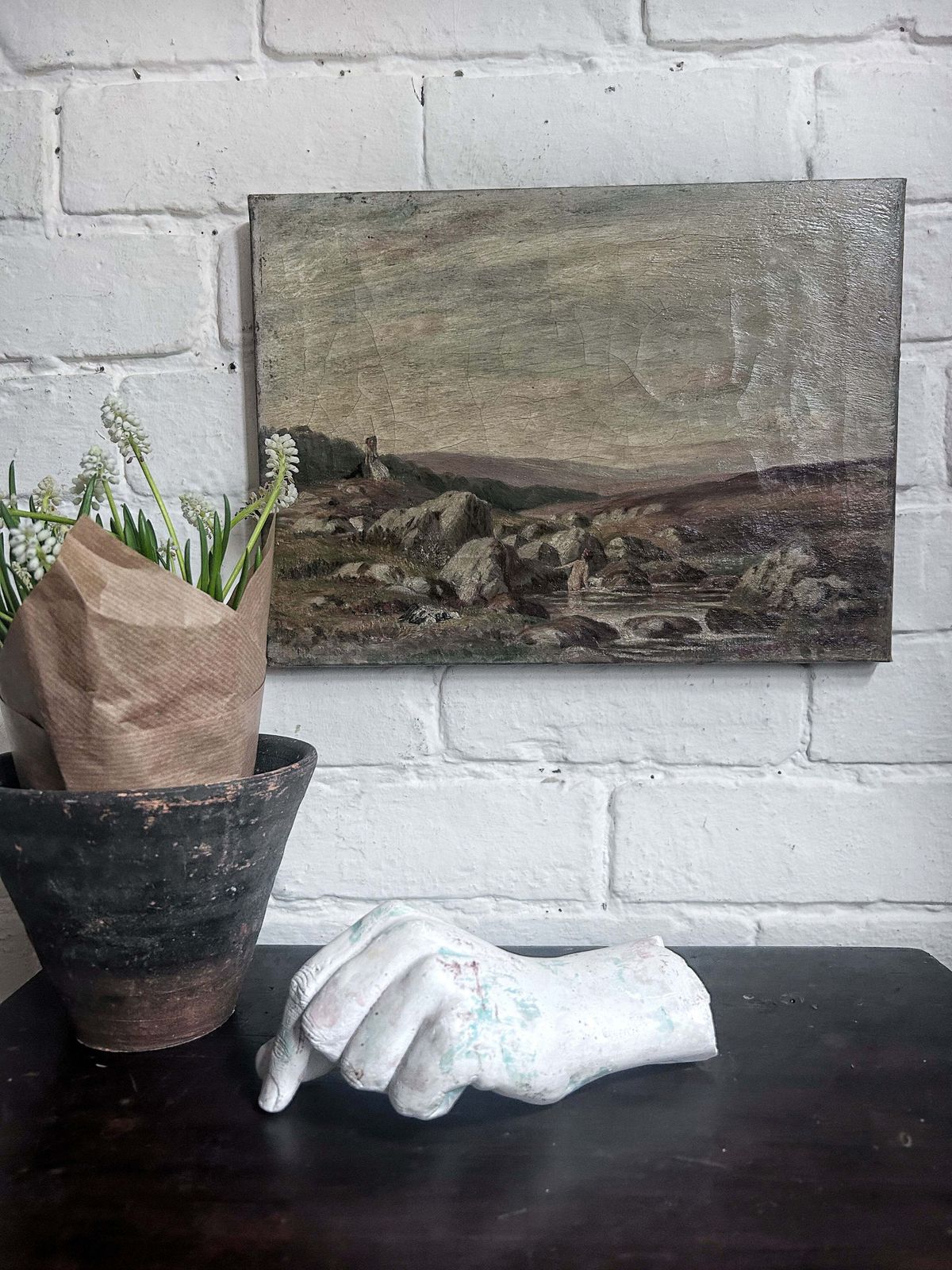 19th Century Antique Oil Painting Moorland Landscape Child Bather photo furniture