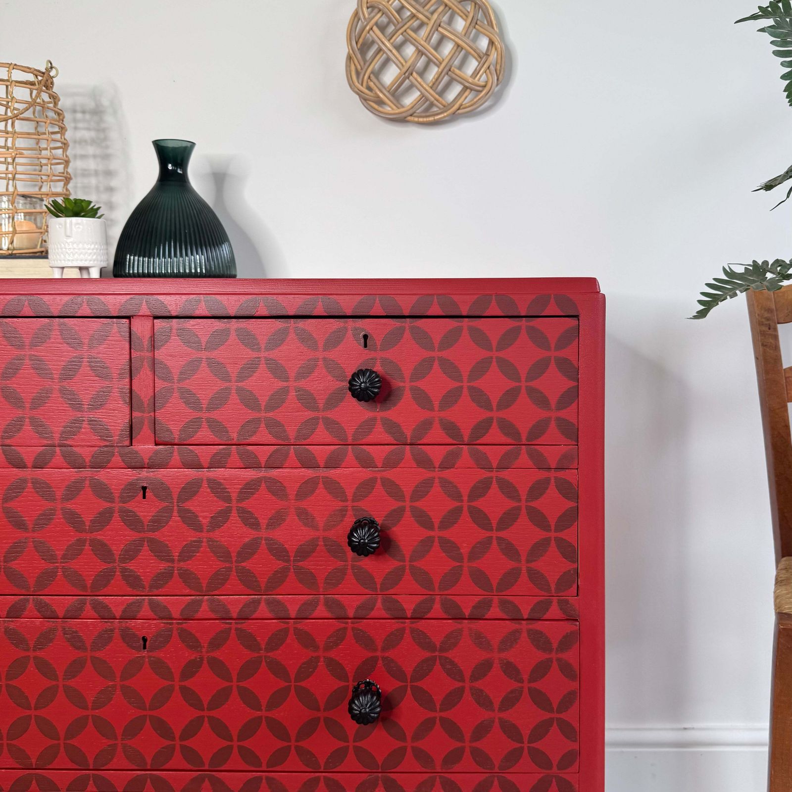 Vintage Retro Chest Of Drawers Painted Red And Patterned photo for sale