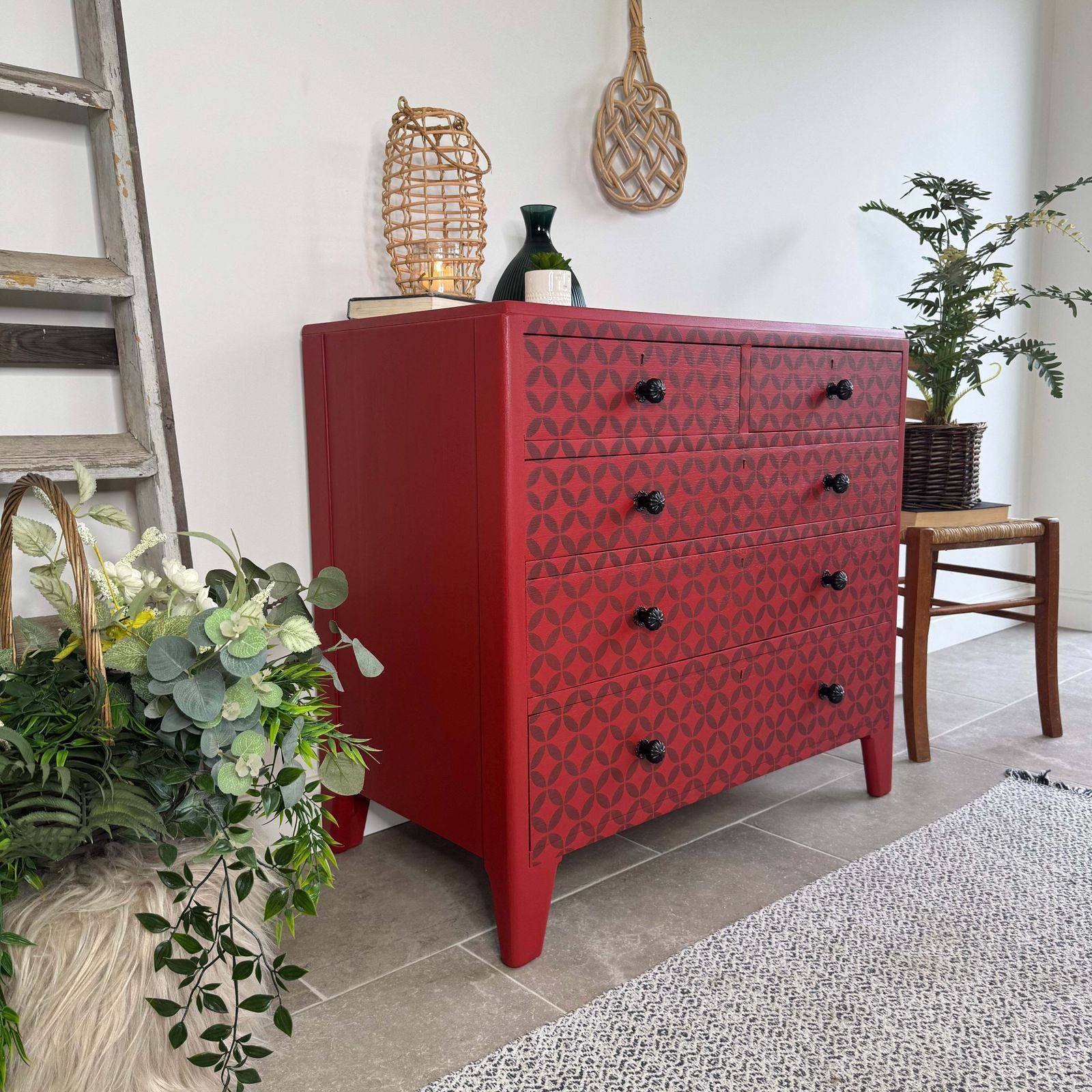 Vintage Retro Chest Of Drawers Painted Red And Patterned photo 395.0