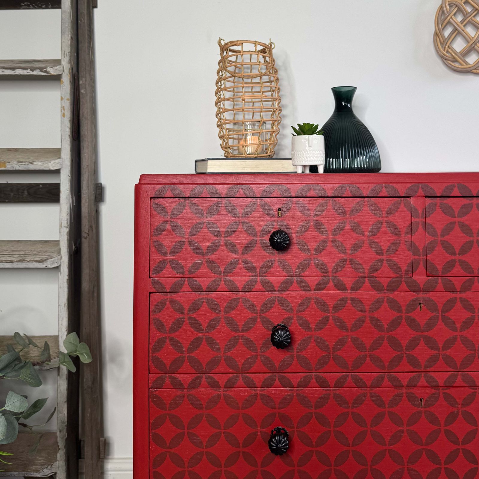 Vintage Retro Chest Of Drawers Painted Red And Patterned photo buy