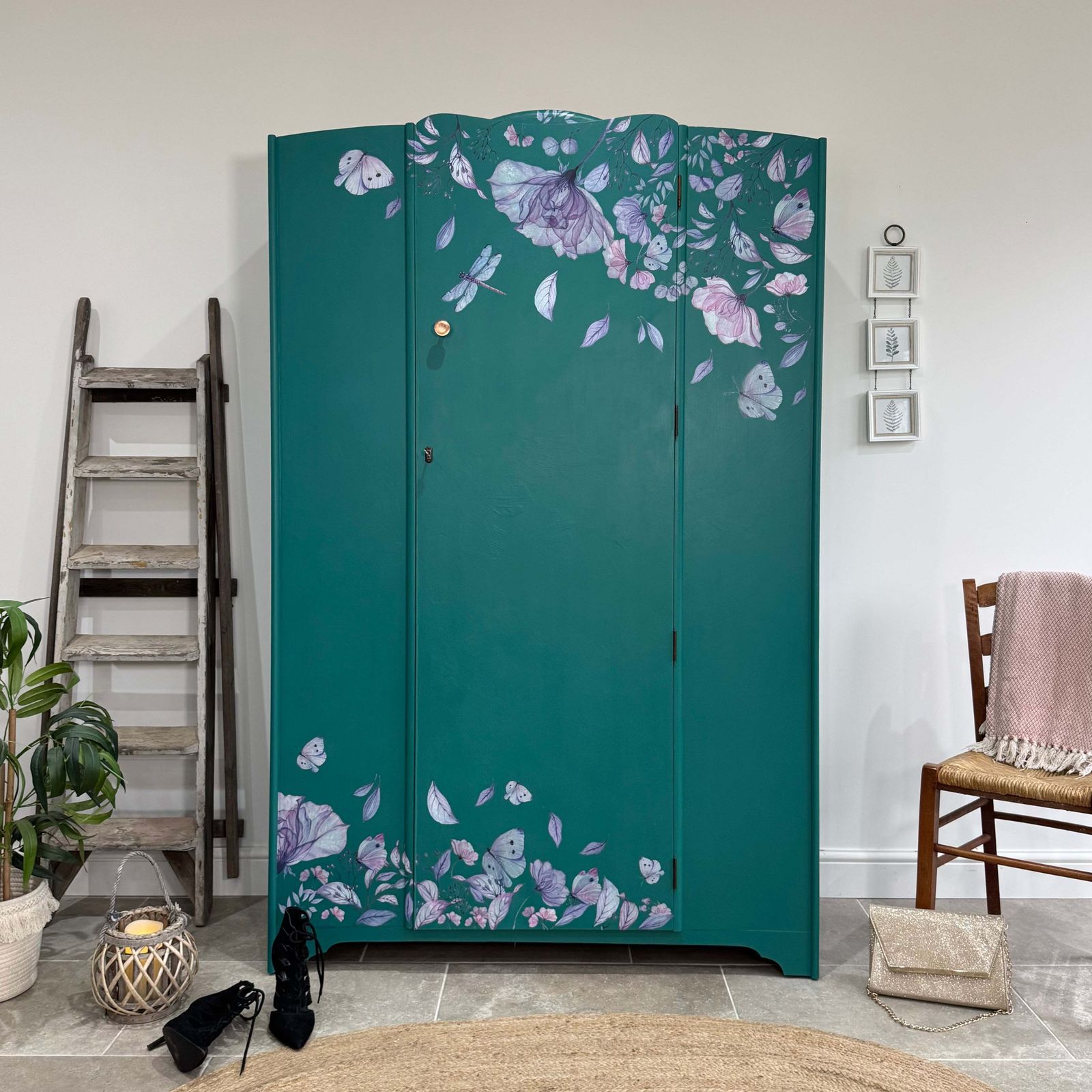 Vintage Wardrobe Armoire Painted Teal Green With Florals
