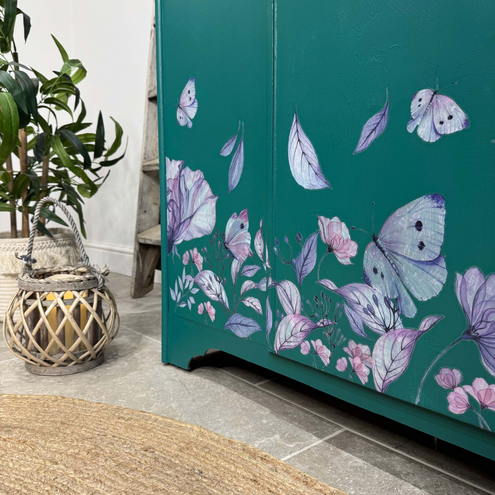 Vintage Wardrobe Armoire Painted Teal Green With Florals photo Furniture