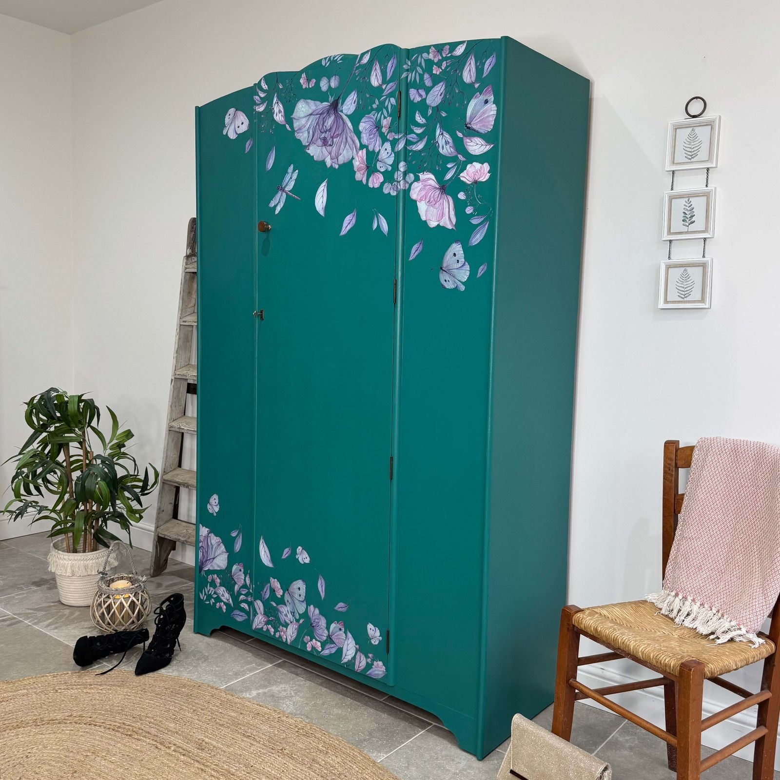 Vintage Wardrobe Armoire Painted Teal Green With Florals photo buy