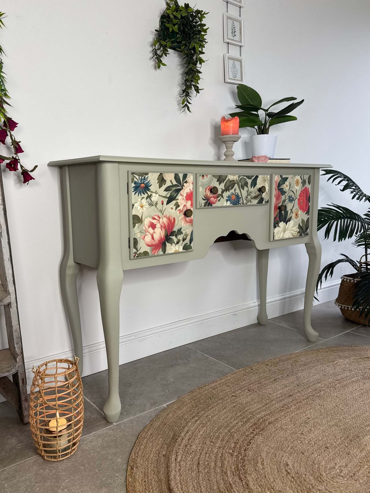 Pretty Light Green And Colourful Floral Console Table With Cupboards And Drawer photo furniture