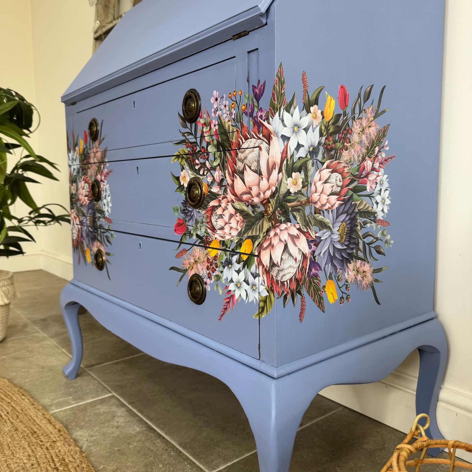 photo for sale Pretty Writing Desk / Bureau Painted Light Blue, Pink And Floral