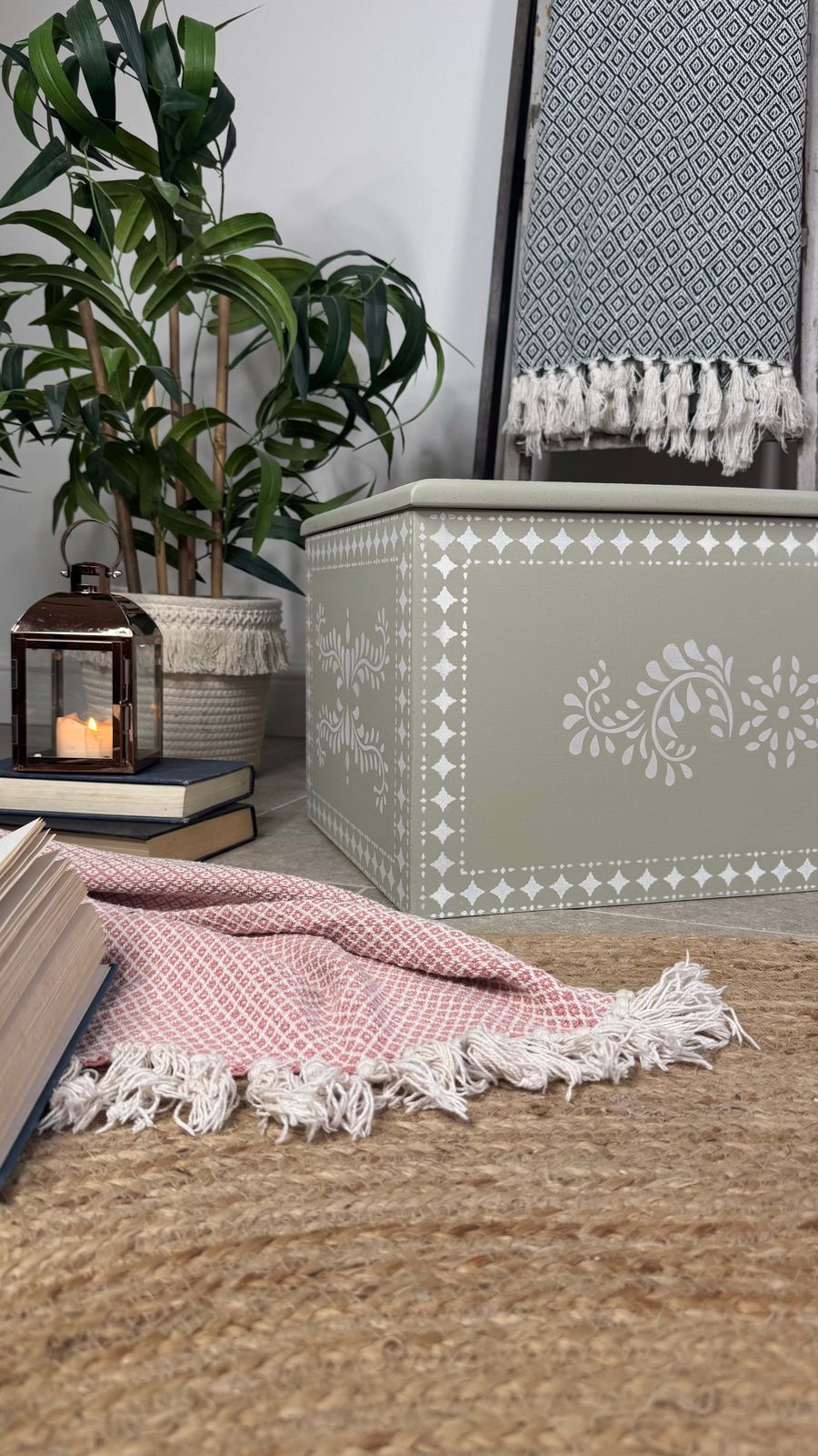 Wooden Storage Box Painted Green And White Patterned photo furniture