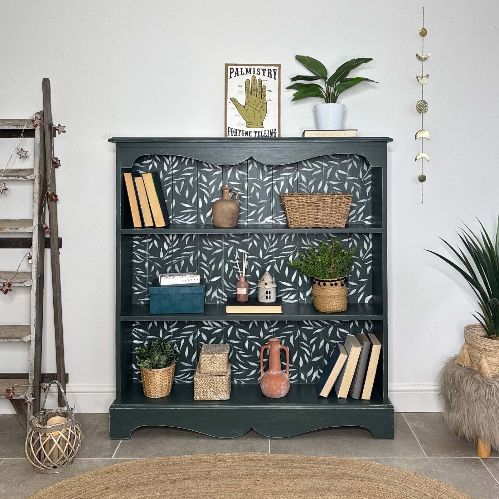 Rustic Pine Bookcase / Bookshelf Painted Dark Green And White Floral