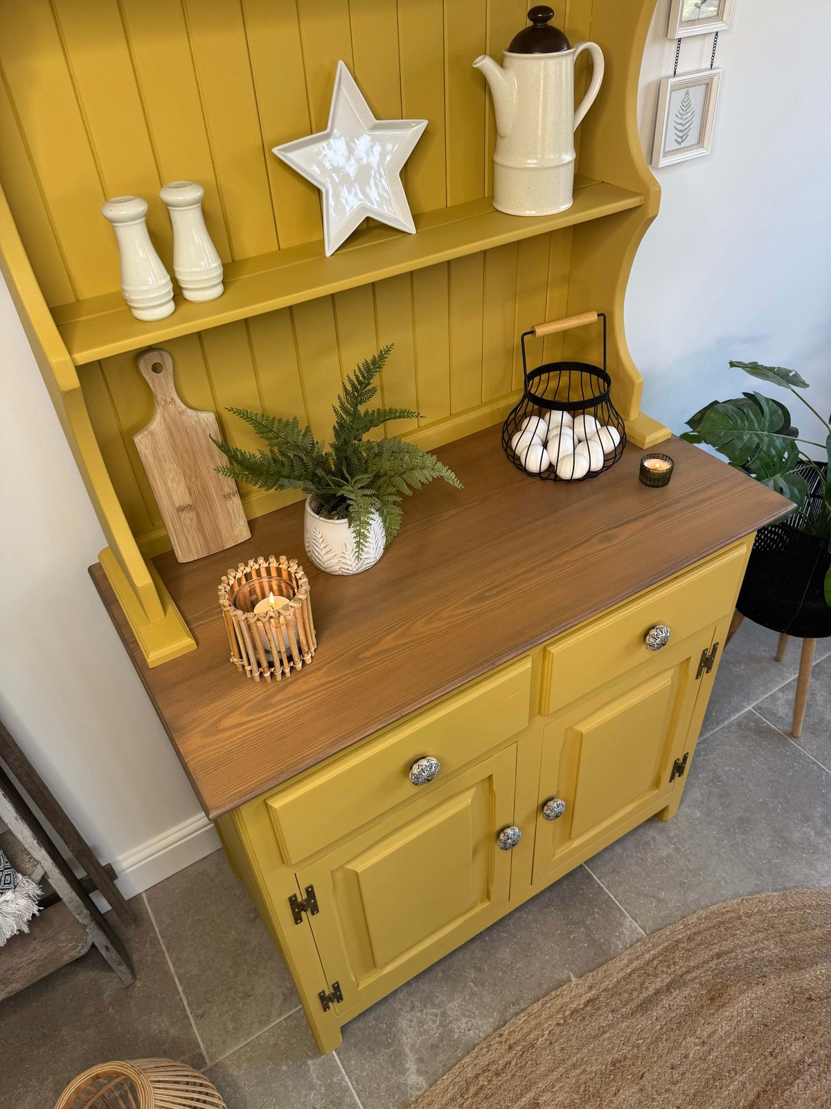 Pine Kitchen Welsh Dresser, Painted Colourful Mustard Yellow photo for sale