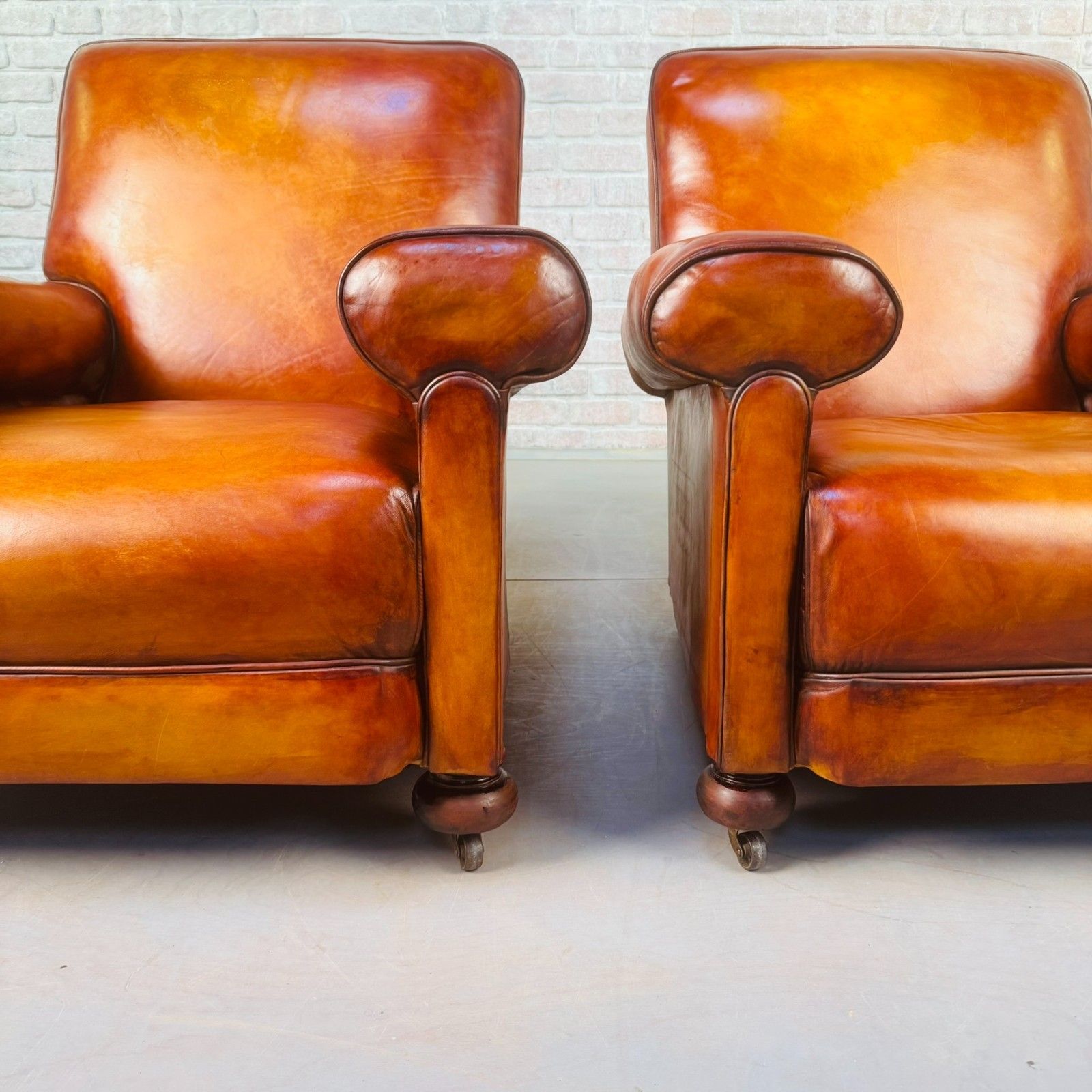 photo furniture Pair Of 1920s English Tan Leather Club Armchairs