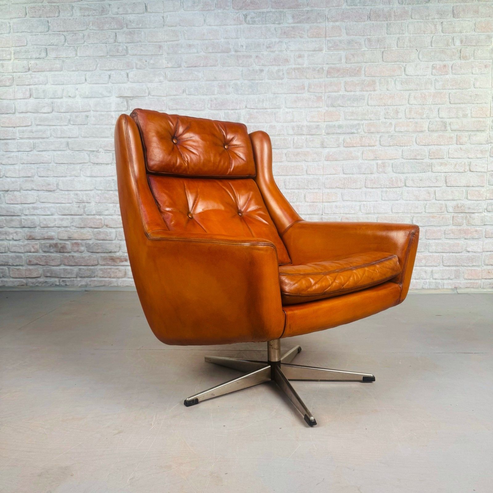 Vintage 1970s Danish Cognac Leather Egg Swivel Chair By Eran photo 963.0
