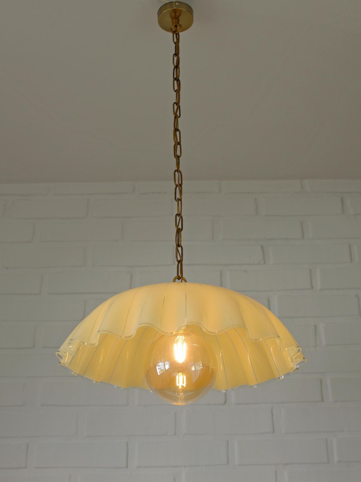 Vintage Pendant Fazzoletto Light / Kitchen Hanging Lamp 1980's / Farmhouse Beige Glass Chandelier photo for sale