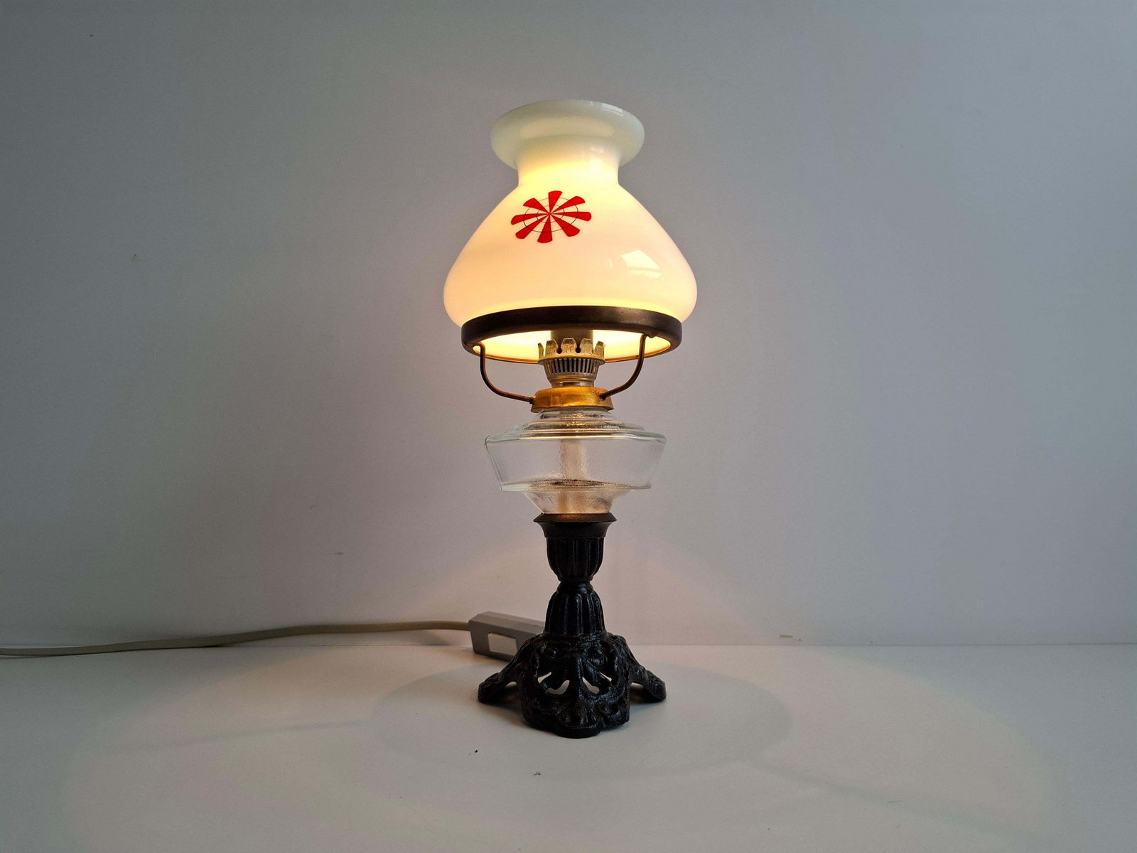 1960s Czechoslovakian Milk Glass Oil Lamp Style Table Lamp photo for sale