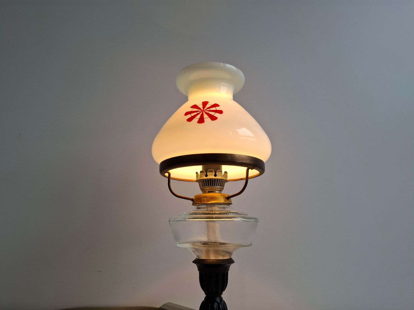 1960s Czechoslovakian Milk Glass Oil Lamp Style Table Lamp photo Lighting