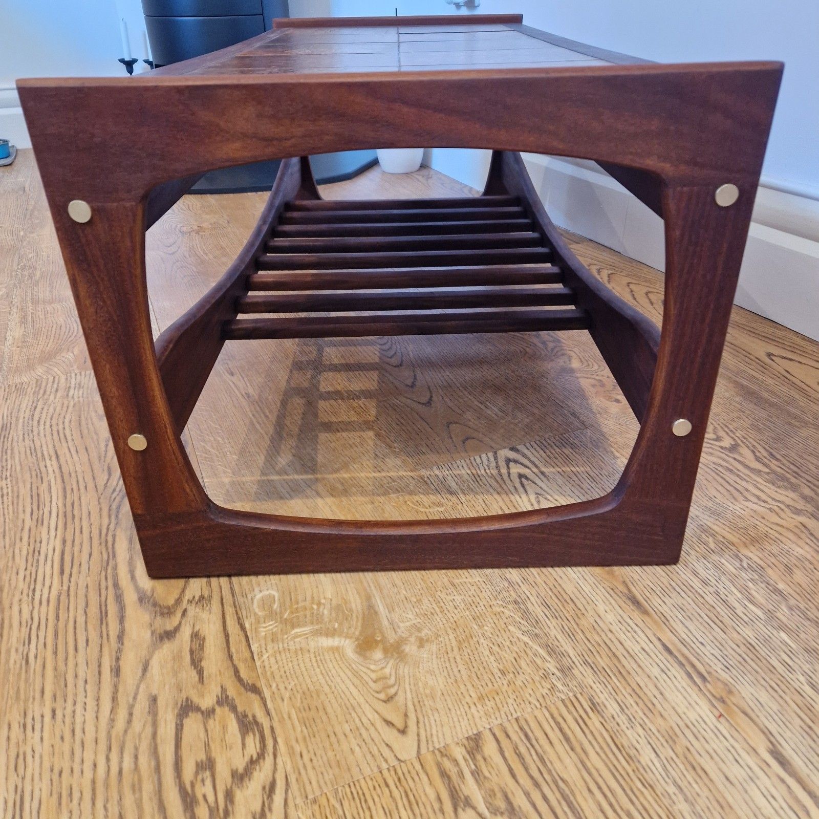 Mid Century Solid Teak Coffee Table With Tiled Leaf Design And Slatted Shelf photo vinterior