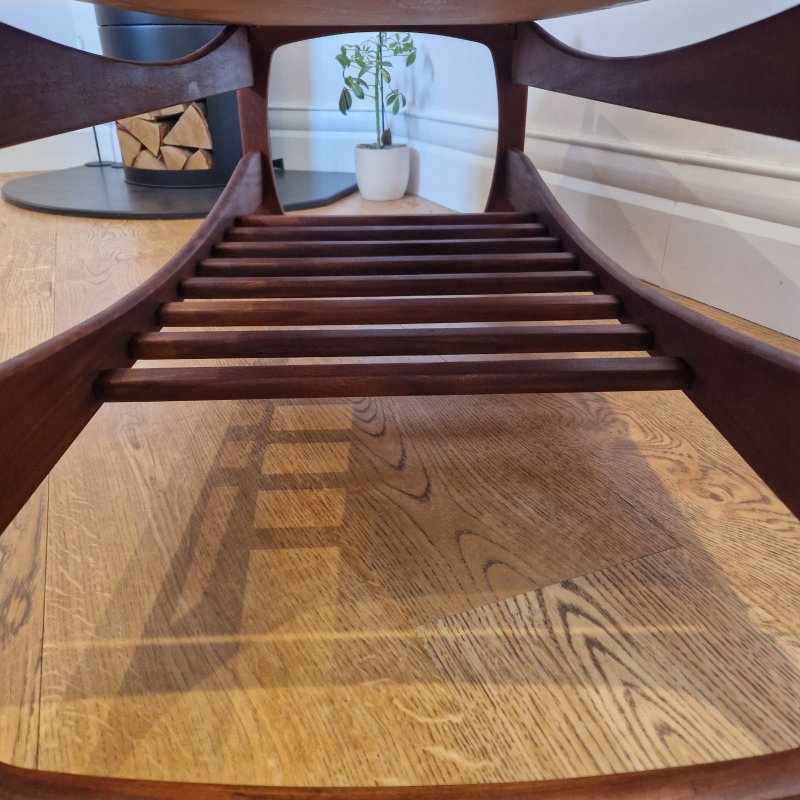 Mid Century Solid Teak Coffee Table With Tiled Leaf Design And Slatted Shelf photo vintage