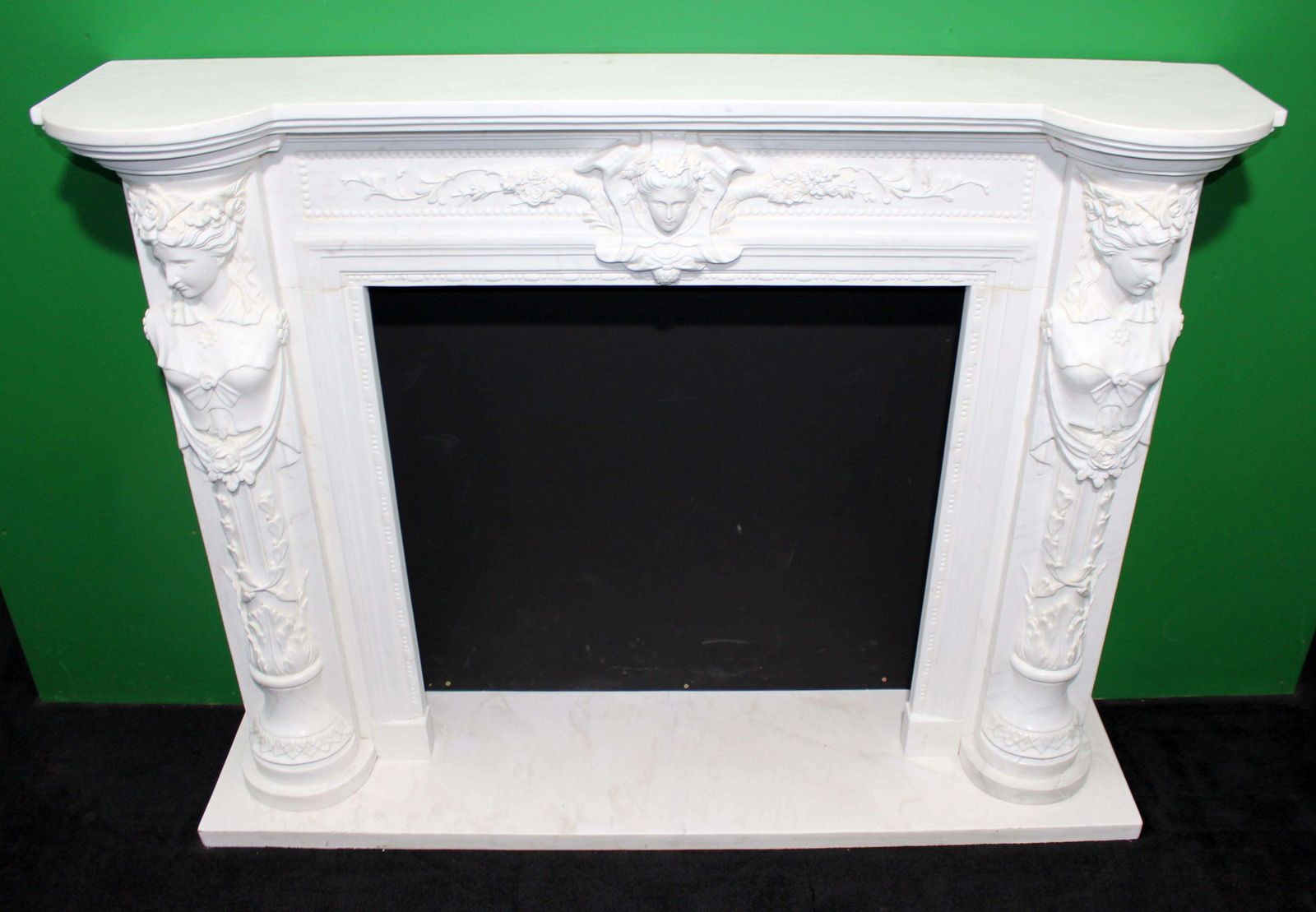 Fine Louis XVI Style Carved White Marble Fireplace Surround With Caryatid Figure photo for sale