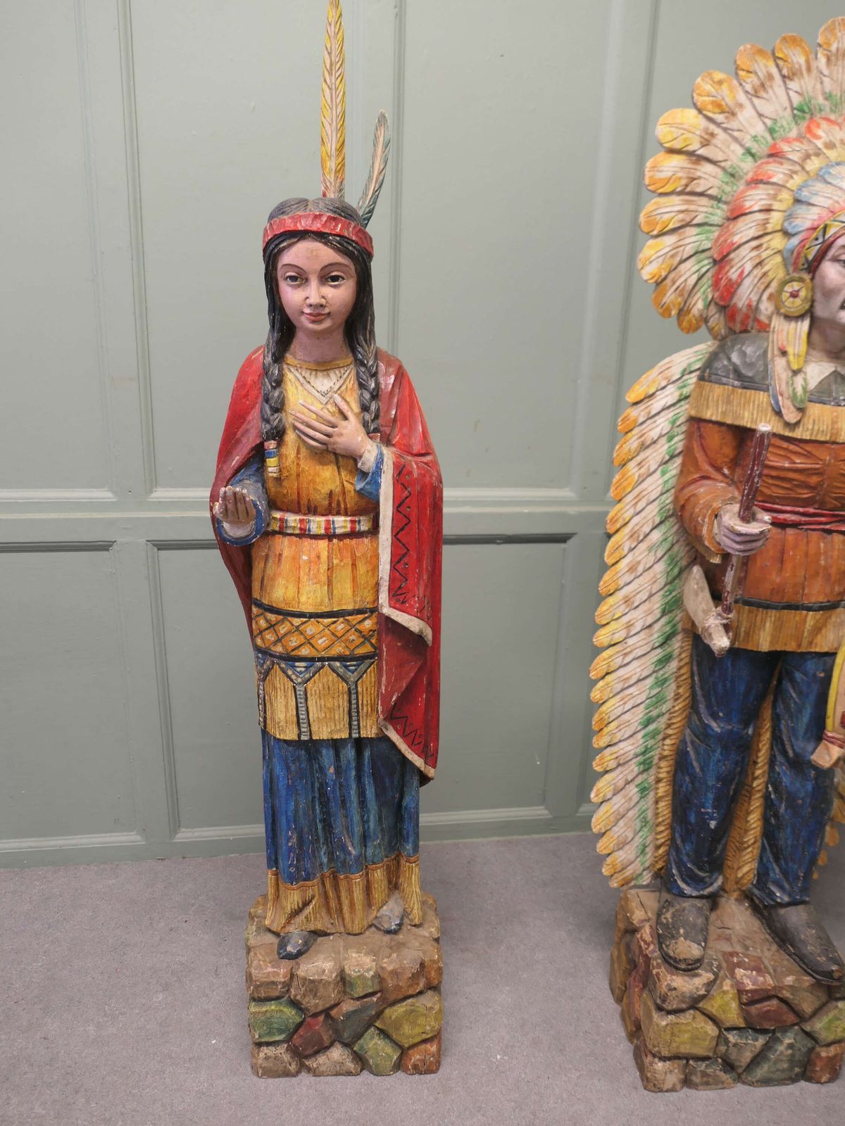 A Pair Of Carved & Painted Cigar Store American Indians, Shop Trade Signs photo for sale