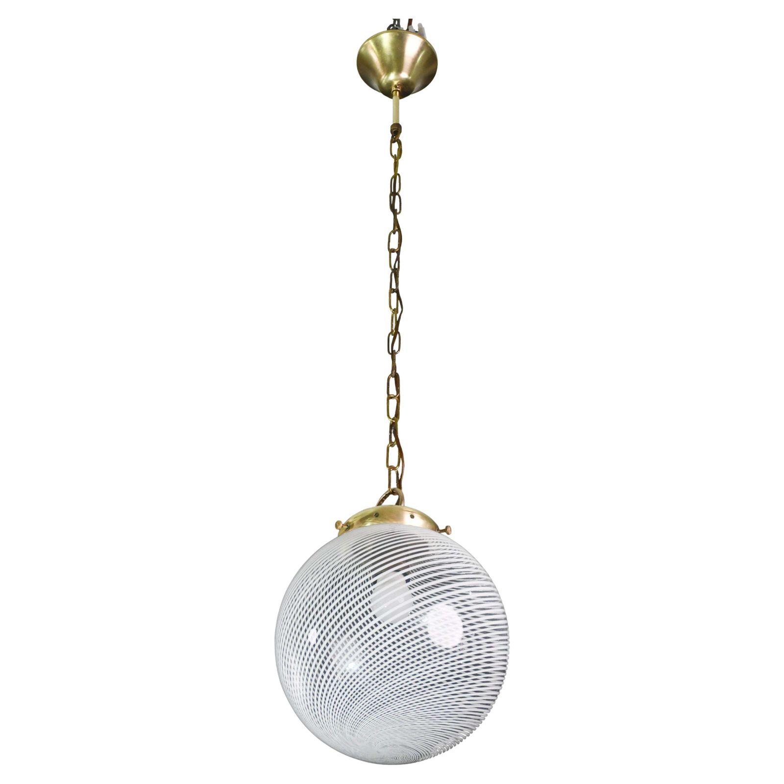 Italian Mid Century Pendant Light With Optic Spiral Glass Globe And Restore Bras