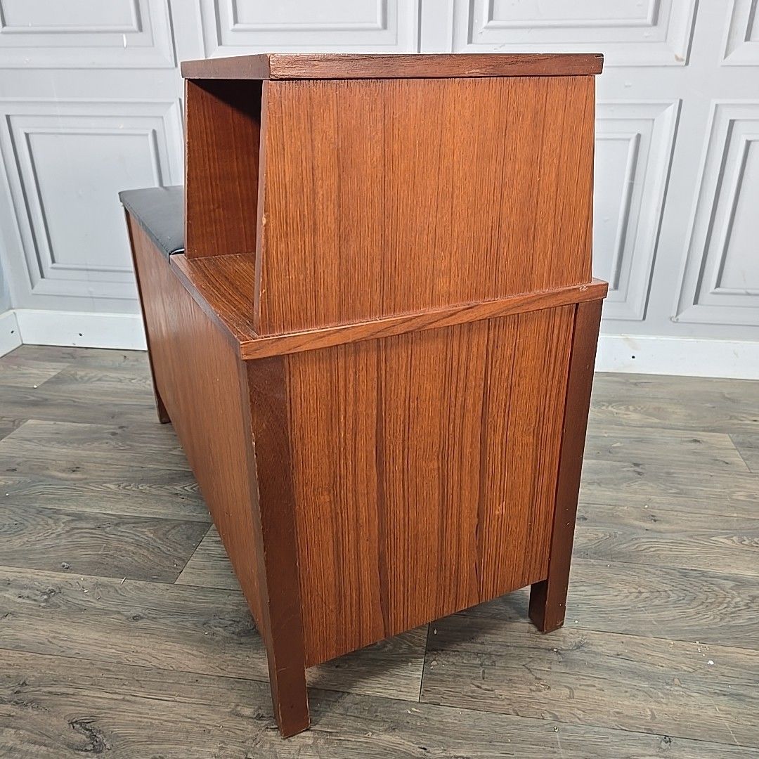 160.0 Mid Century Telephone Table Vintage Hall Bench Storage Seat Teak Effect Retro photo