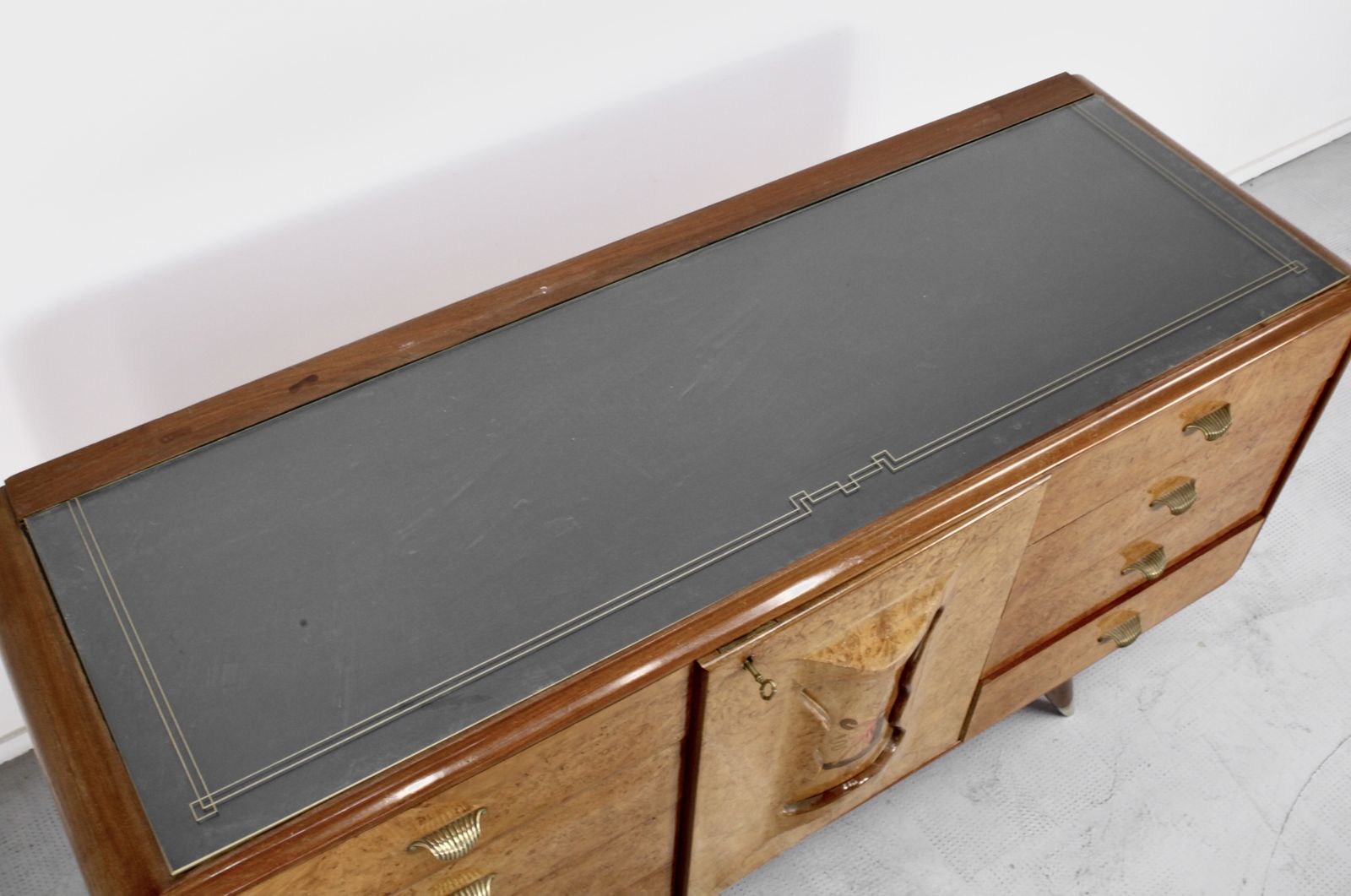 Furniture Italian Art Deco Sideboard In Walnut Burl And Brass. photo