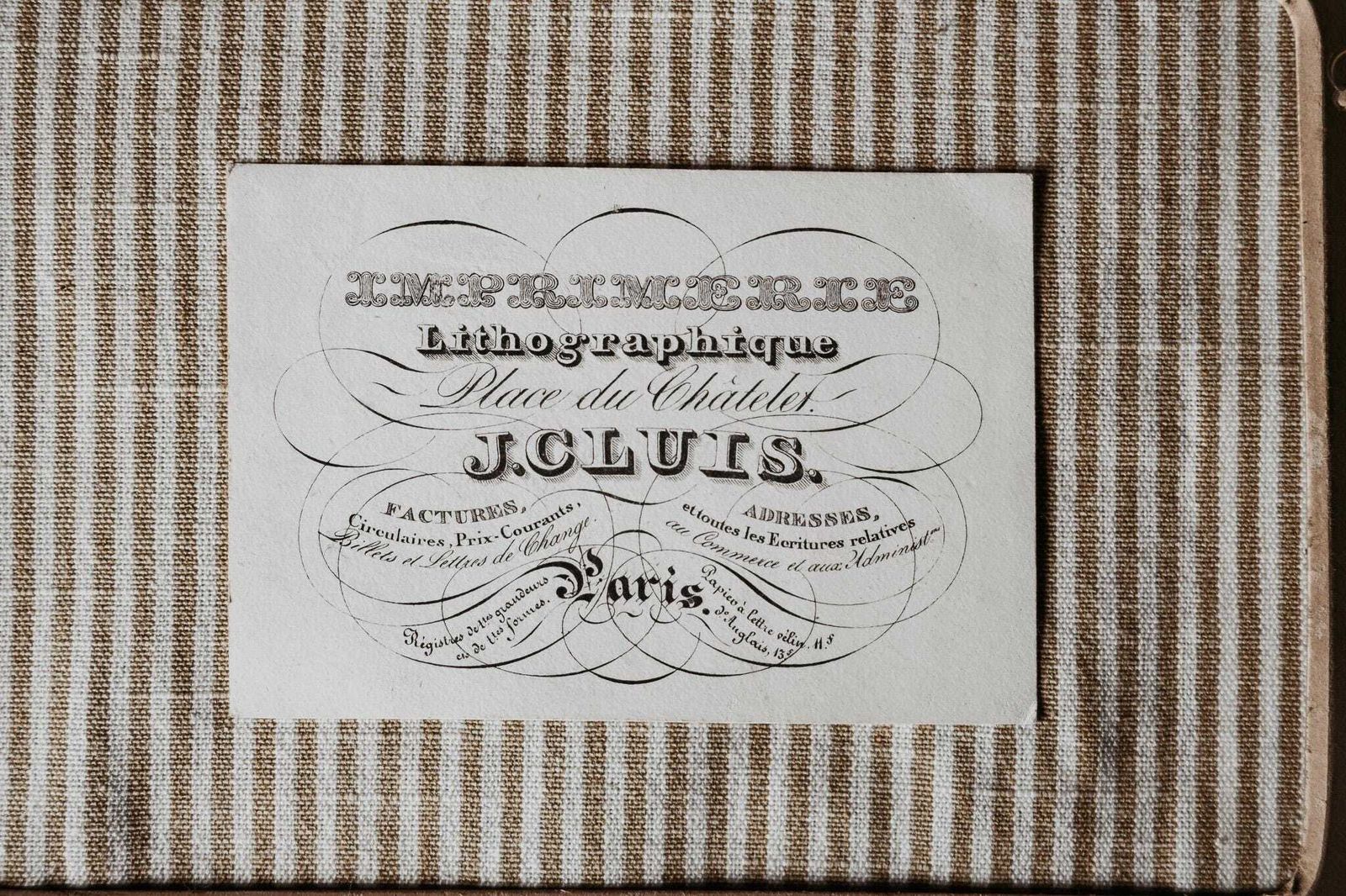 Framed 1878 Lithographic Business Card   J. Cluis Paris Printer With Art Nouveau Matting photo for sale