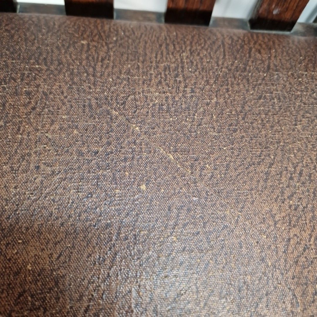 Antique Oak Dining Chairs Slat Back Leather Effect Seats Pair Vintage Seats photo 90.0