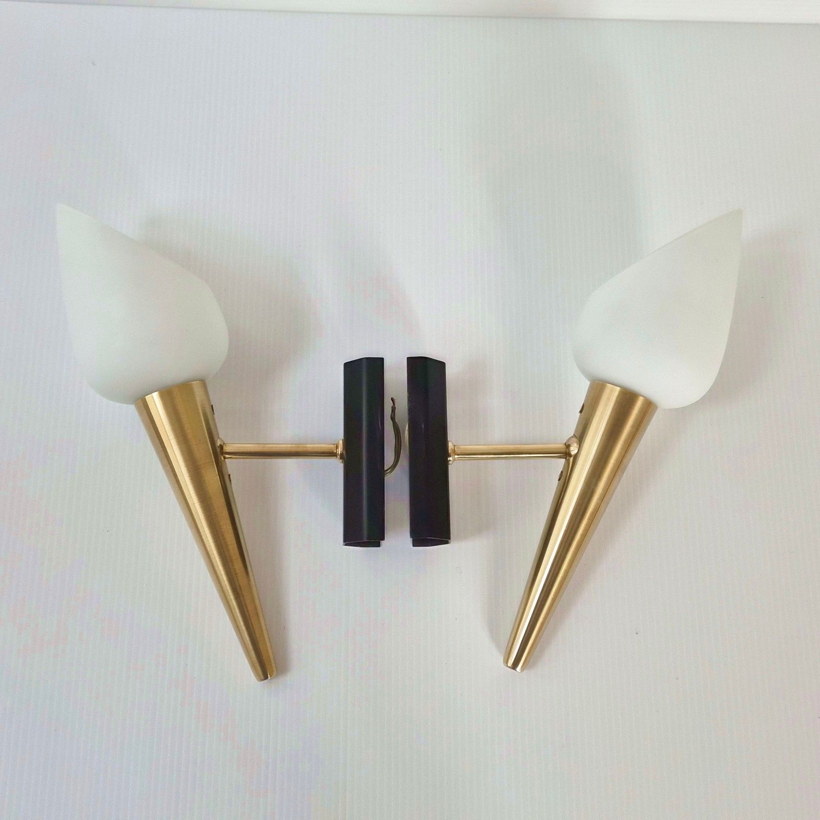 Pair Of Vintage 1950 Brass Gold Metal Glass House Arlus Adjustable Sconces photo for sale