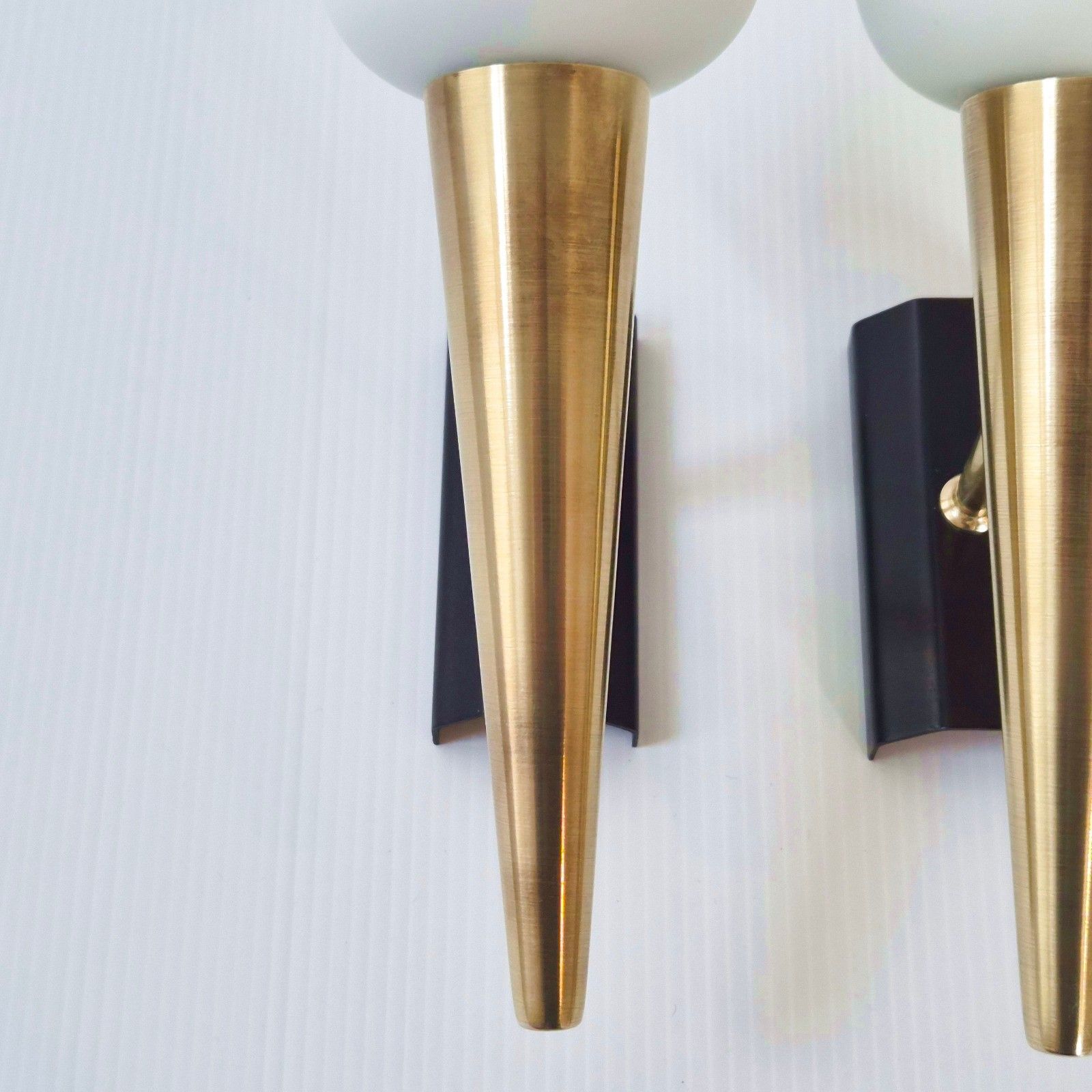 Pair Of Vintage 1950 Brass Gold Metal Glass House Arlus Adjustable Sconces photo vinterior