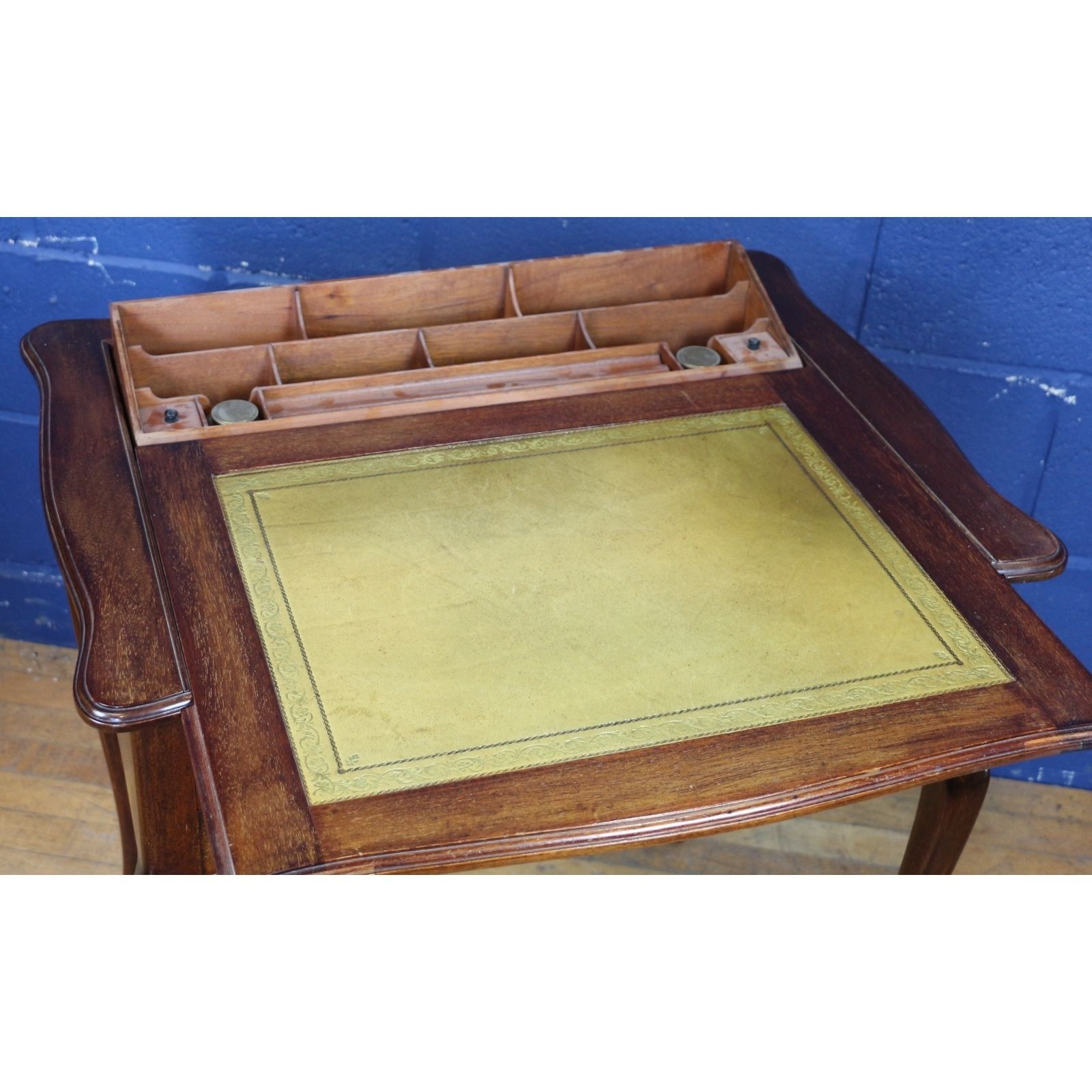 An Excellent Art Nouveau Mahogany And Leather Topped Desk Stones Patent Pop Up Interior photo for sale