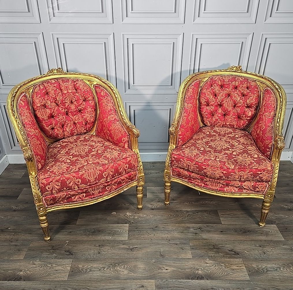 Antique Gilt Armchairs Button Back French Louis Belle époque Revival Chairs photo furniture