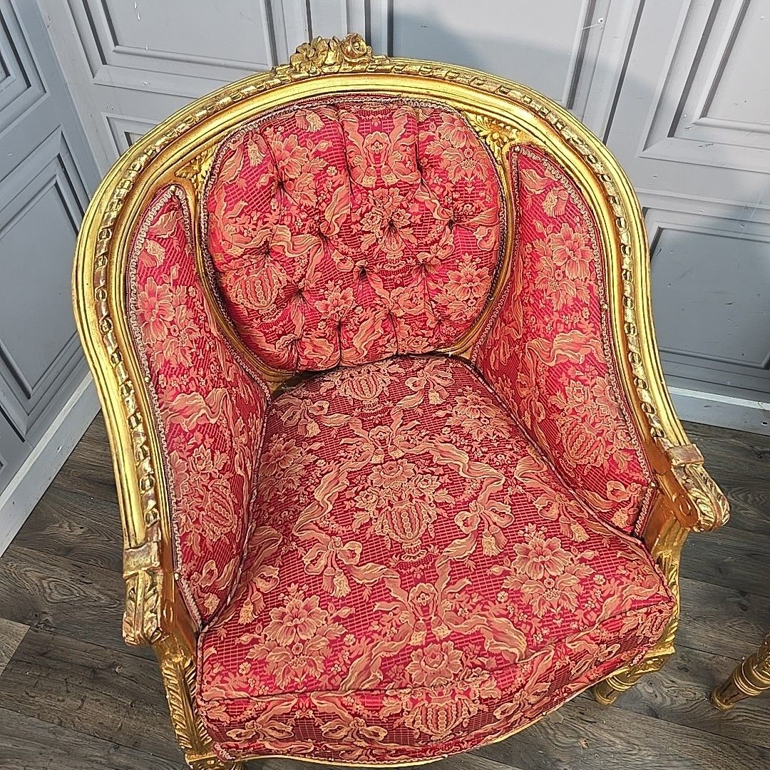 Antique Gilt Armchairs Button Back French Louis Belle époque Revival Chairs photo for sale