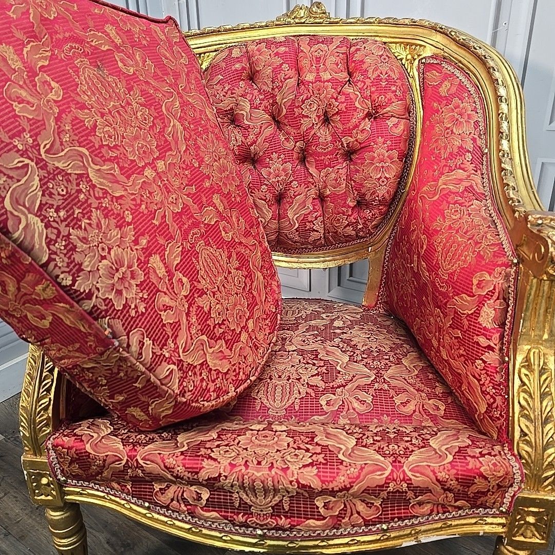 Furniture Antique Gilt Armchairs Button Back French Louis Belle époque Revival Chairs photo