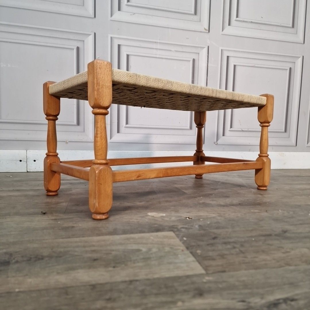 Vintage Oak Stool Woven Rush Rope Seat Footstool Bench Rest Wooden Mcm photo for sale