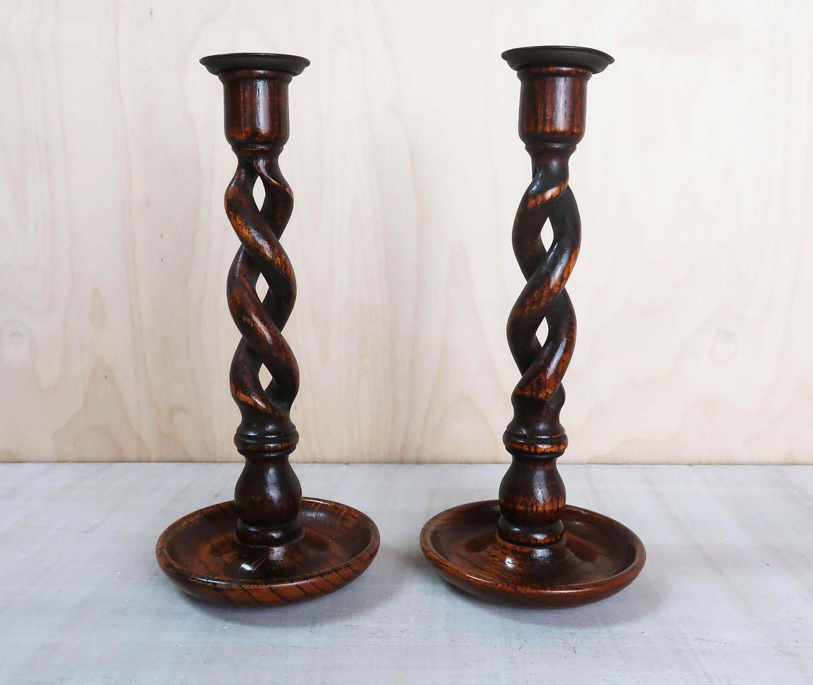 Large Pair Of Antique Oak Barley Twist Candlesticks, English, Circa 1920 photo furniture