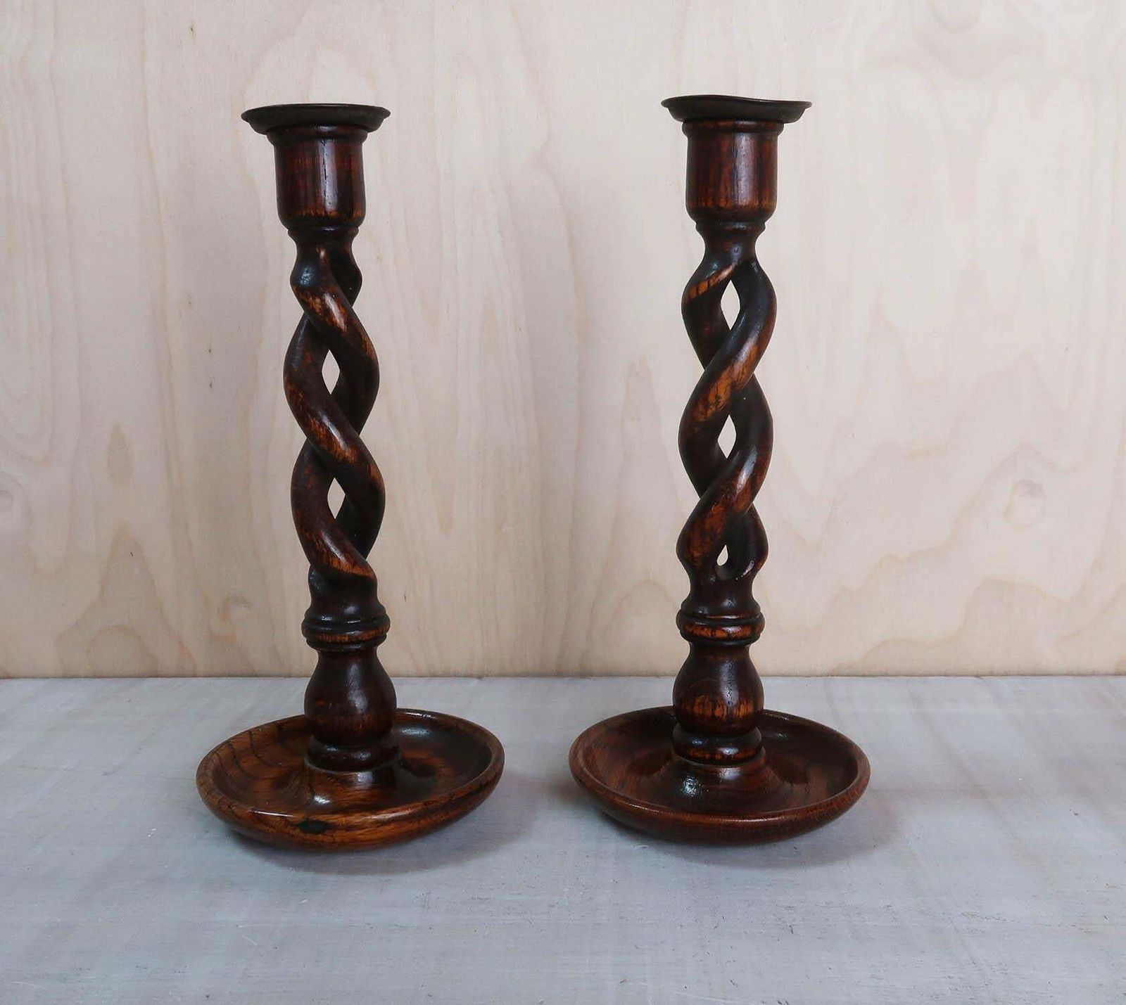 Large Pair Of Antique Oak Barley Twist Candlesticks, English, Circa 1920 photo Home Decor