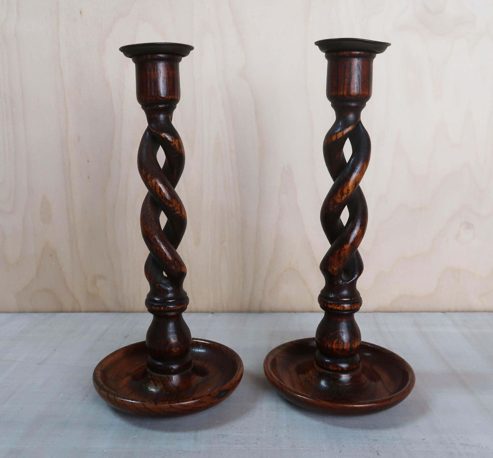 Large Pair Of Antique Oak Barley Twist Candlesticks, English, Circa 1920 photo vinterior