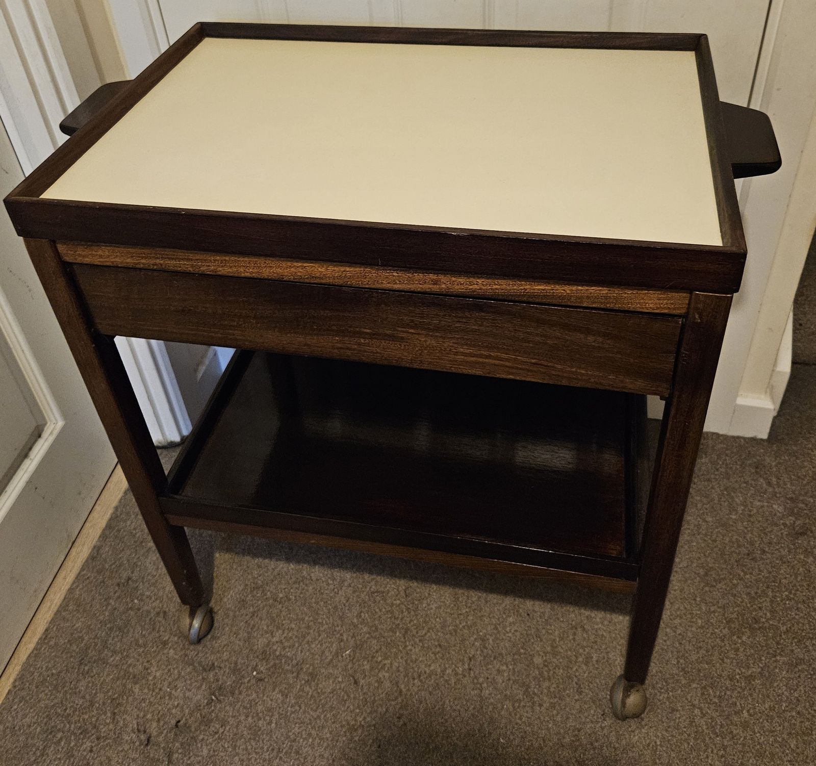 Mid Century 1960s Danish Teak Vintage Drinks Trolley With Removable Trays/Drawer