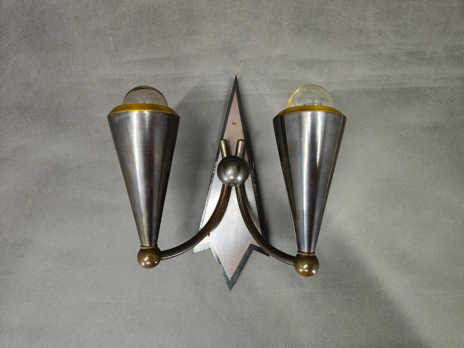Czech Cubist Art Deco Wall Lamp, Metal And Wood, 1930s photo furniture